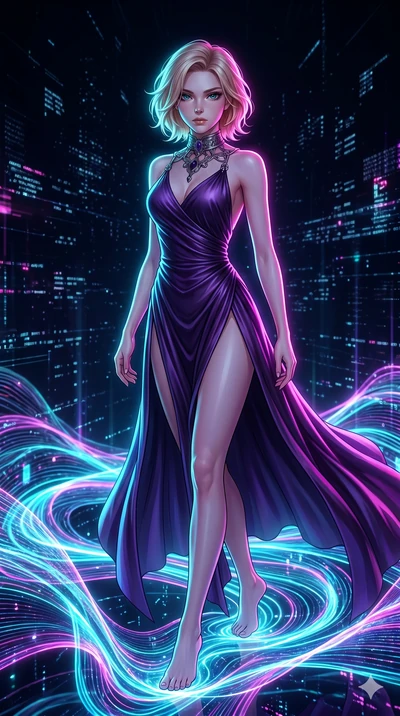 score_9, masterpiece, best quality, ultra-detailed, high-budget anime keyframe, Japanese woman. upper body close-up from the thighs up, character filling the screen for maximum presence. stepping on holographic fluid ribbons of sound that ripple with