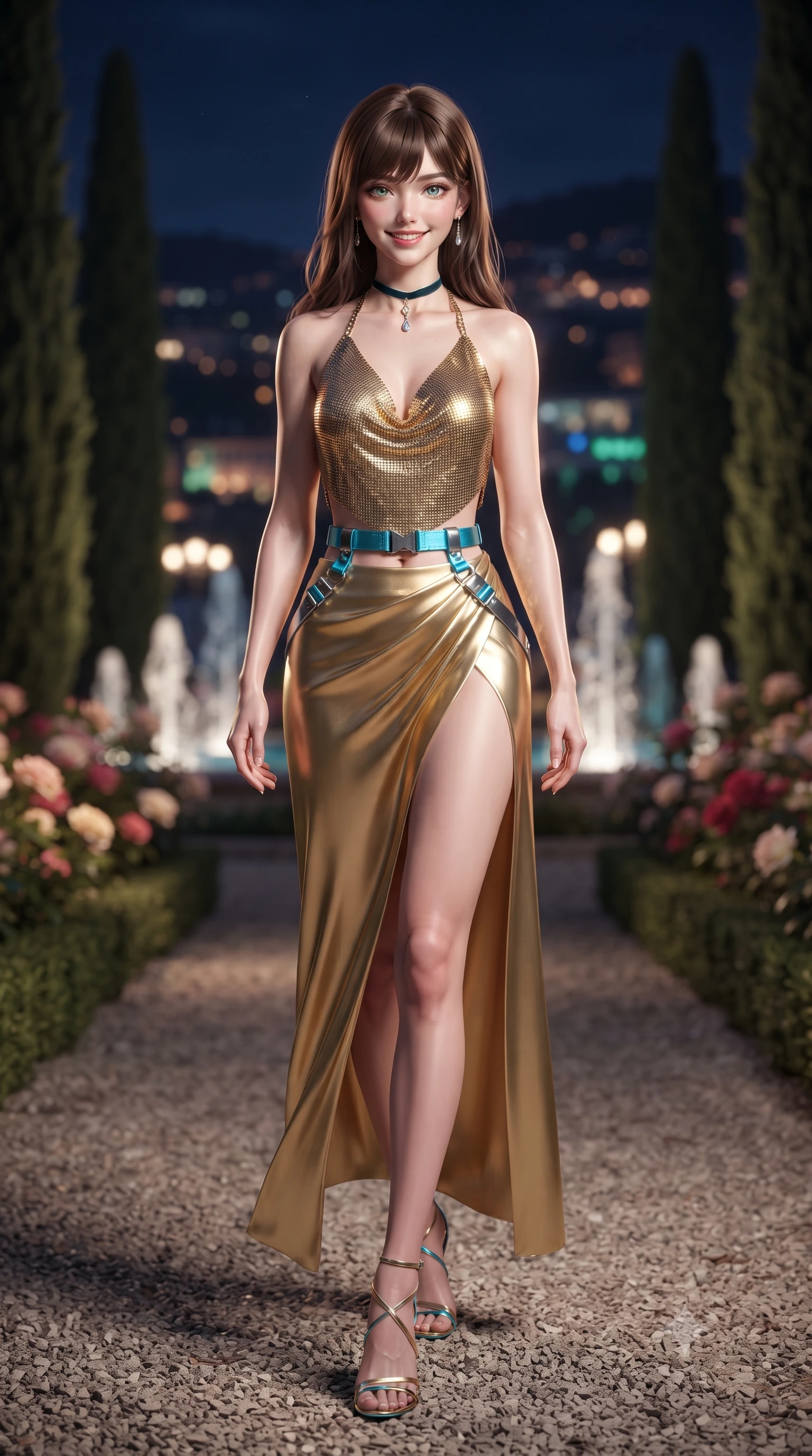 score_9, masterpiece, best quality, ultra-detailed, high-budget anime keyframe, editorial fashion photography, tasteful artistic composition, Korean woman. low angle full-body shot from head to toe showing her feet, filling the entire 9:16 vertical frame with her statuesque presence, stretching her vertical silhouette. reclining gracefully across the plush chaise lounge with one leg extended, her sculpted silhouette and flat midriff radiating magnetic nocturnal glamour while strolling along the cypress-lined gravel promenade, turning in mid-stride with a slow supermodel pivot that highlights her slim hourglass waist. The background shows a soft-focus blooming rose parterres, cascading musical fountains, and panoramic views of the Bay of Villefranche blurred into rose-gold, emerald, and azure bokeh. She has an exceptionally tall and slender model-like 8.5-heads proportion, an ultra-slim waist, a flat toned midriff, narrow delicate ribcage, and beautifully sculpted feminine hips creating a graceful, slim hourglass silhouette without any bulky heaviness, with impossibly long slender legs. sharp v-shaped jawline, high-bridge nose, intricate jewel-like sparkling eyes with depth, thick eyelashes, glossy parted lips with a natural peach sheen, bright cheerful beaming smile with an enchanting and coquettish sensual glint, exuding both youthful cute charm and seductive allure, flawlessly proportioned anatomical accuracy, strict slender model proportions, natural body alignment, perfectly sculpted long slender limbs, ultra-slim waistline, clean dynamic posture without body distortion. wearing a shimmering liquid gold chainmail halter cowl top paired with a draped high-slit silk maxi skirt and waist harness in Shibuya electric cyan and chrome silver, crafted from delicate pleated metallic lamé catching dynamic light with every step, finished with a thin velvet ribbon choker and a single teardrop diamond pendant, the second-skin tailored fabric adhering flawlessly to her sculpted flat midriff and slender torso, emphasizing her long leg lines and perfectly proportioned willowy build. illuminated by pale stone reflection bounce and sharp copper-rose rim lights sculpting her delicate collarbones and statuesque proportions. ultra-reflective glossy finish, specular highlights, rich textural contrasts, high-contrast stereoscopic depth, volumetric dynamic lighting, 2k, ultra detail, master piece, 9:16 ratio