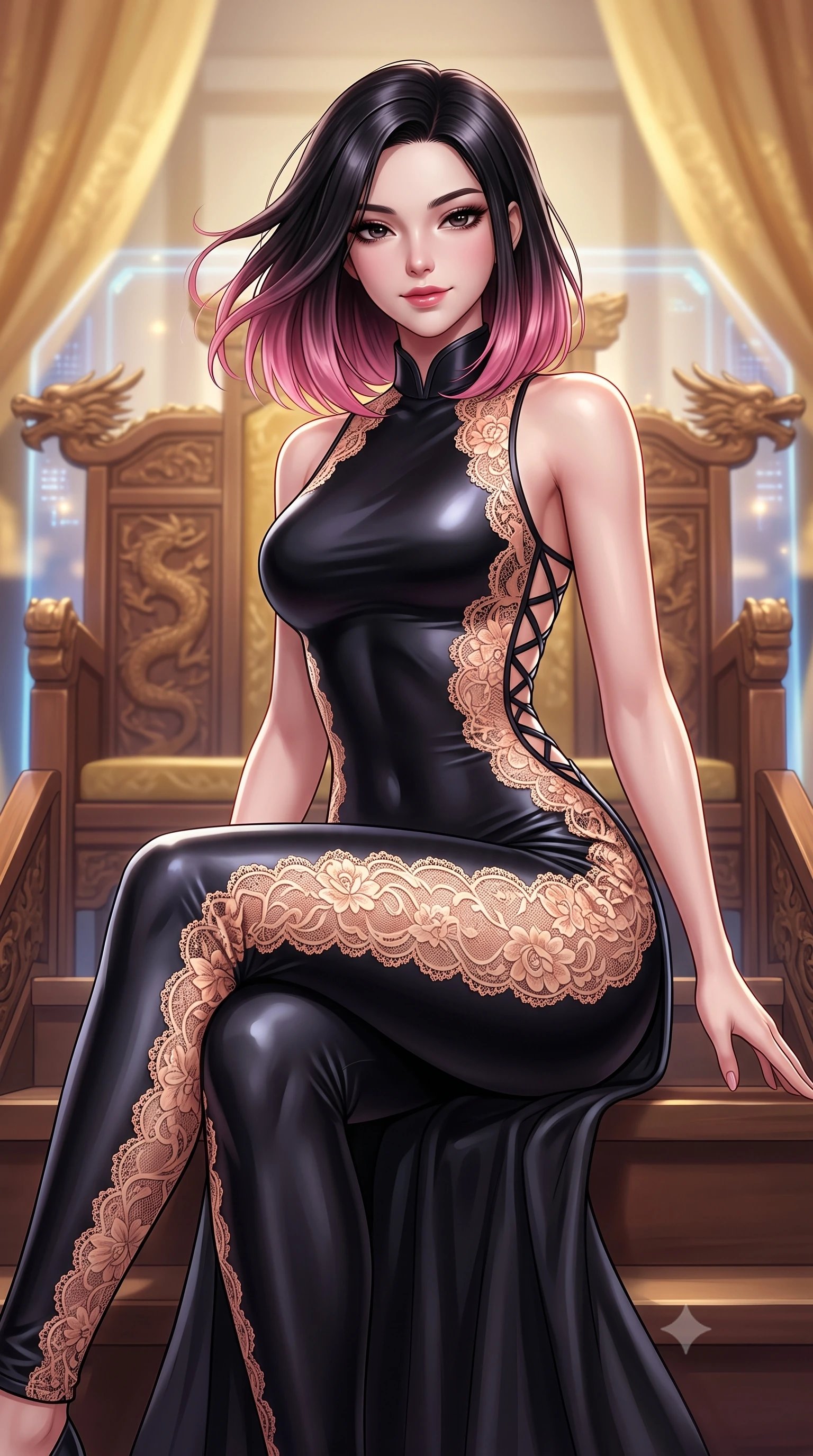 score_9, masterpiece, best quality, ultra-detailed, high-budget anime keyframe, semi-realistic 3D game render, editorial fashion photography, tasteful artistic composition, Korean woman. close-up cowboy shot from the waist and thighs up, the character dominates the composition, filling the frame with her large presence. turning slowly with a smoldering smile, her glossy dark hair tossing in the evening breeze as her hips angle gracefully in a captivating contrapposto while sitting poised on the royal throne steps with legs crossed, her tailored modern hanbok gown radiating majestic high-fashion charisma. The background shows a soft-focus gilded royal canopies and carved wooden dragon thrones softened in majestic futuristic Joseon shallow focus. She has an exceptionally elegant, slender, and willowy female figure with an ultra-slim waist, flat toned midriff, narrow ribcage, and sculpted feminine hips creating an alluring, slim hourglass silhouette without bulk. sharp v-shaped jawline, high-bridge nose, intricate jewel-like dark sparkling almond eyes with depth, thick lashes, glossy parted lips with a natural rose-plum sheen, bright alluring and coquettish smile with bedroom-eyes, exuding both timeless oriental elegance and sovereign high-fashion allure, flawlessly proportioned anatomical accuracy, strict slender model proportions, natural body alignment, perfectly sculpted long slender limbs, ultra-slim waistline, clean dynamic posture without body distortion. wearing a second-skin black silk jersey catsuit with delicate oriental floral lace panels along the ribs and thighs in warm peach apricot and soft vanilla silk, crafted from heavy fluid silk satin with a liquid mirror-like sheen, finished with criss-cross back satin laces tracing her slender spine, the form-contouring cut accentuating her sculpted flat midriff, narrow delicate ribcage, and gracefully curvy hips with regal oriental supermodel elegance. bathed in majestic royal gold and sapphire light radiating from the holographic throne backdrop. highly saturated vibrant anime colors, detailed shading with soft gradients, rich glossy textures, high-contrast stereoscopic depth, volumetric dynamic lighting, master piece, 9:16 ratio