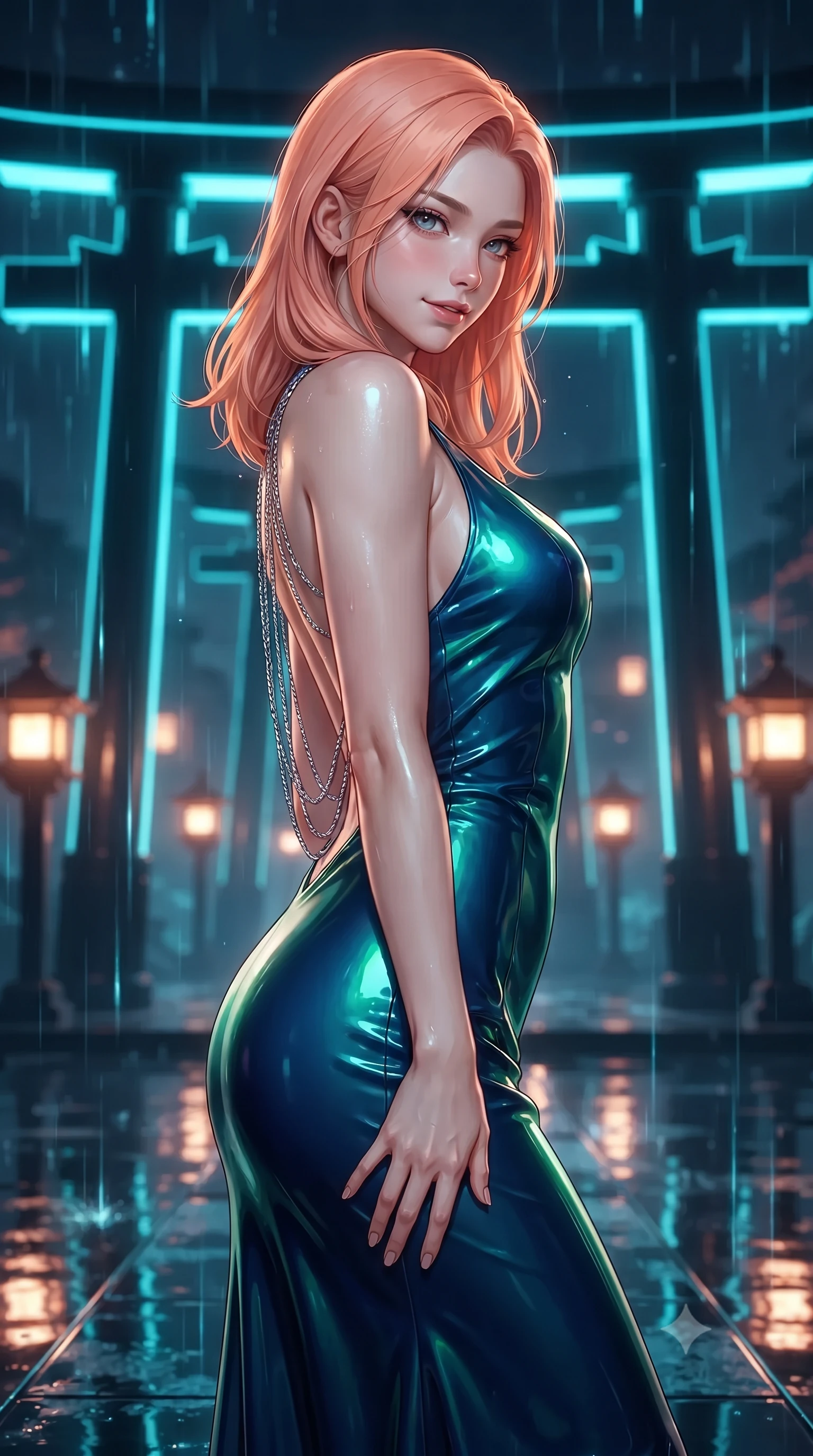 score_9, masterpiece, best quality, ultra-detailed, high-budget anime keyframe, editorial fashion photography, tasteful artistic composition, Japanese woman. close-up cowboy shot from the waist and thighs up, the character dominates the composition, filling the frame with her large presence. tilting her head with a teasing half-smile, running one hand slowly down the side of her hip in a flirtatious S-curve as ambient light caresses her silhouette while standing poised on the mirrored water platform flanked by towering obsidian Torii gates pulsing with cyan neon, arching her spine with siren charisma as digital rain trickles in glowing ribbons. The background shows a soft-focus translucent digital rain cascades softened in cyber-shinto sacred sanctuary shallow focus. She has an exceptionally elegant, slender, and willowy female figure with an ultra-slim waist, flat toned midriff, narrow ribcage, and sculpted feminine hips creating an alluring, slim hourglass silhouette without bulk. sharp v-shaped jawline, high-bridge nose, intricate jewel-like sparkling eyes with depth, thick eyelashes, glossy parted lips with a natural peach sheen, bright cheerful beaming smile with an enchanting and coquettish sensual glint, exuding both youthful cute charm and seductive allure, flawlessly proportioned anatomical accuracy, strict slender model proportions, natural body alignment, perfectly sculpted long slender limbs, ultra-slim waistline, clean dynamic posture without body distortion. wearing an ultra-sleek high-gloss patent leather sheath dress contouring her ultra-slim waistline and feminine hips in abyssal ocean sapphire and bioluminescent emerald, crafted from fluid liquid silk satin that clings smoothly to her narrow waist and rounded hips with a dewy sheen, accented with an open-back drape framed by falling strands of delicate chrome chains, the liquid-tight tailored fabric clinging flawlessly to her narrow waist and rounded feminine hips, emphasizing every millimeter of her sculpted slim hourglass curves without any bulky heaviness. bathed in pulsing electric-cyan Torii neon combined with warm 2400K sacred oil lantern flames. ultra-reflective glossy finish, specular highlights, rich textural contrasts, high-contrast stereoscopic depth, volumetric dynamic lighting, 2k, ultra detail, master piece, 9:16 ratio