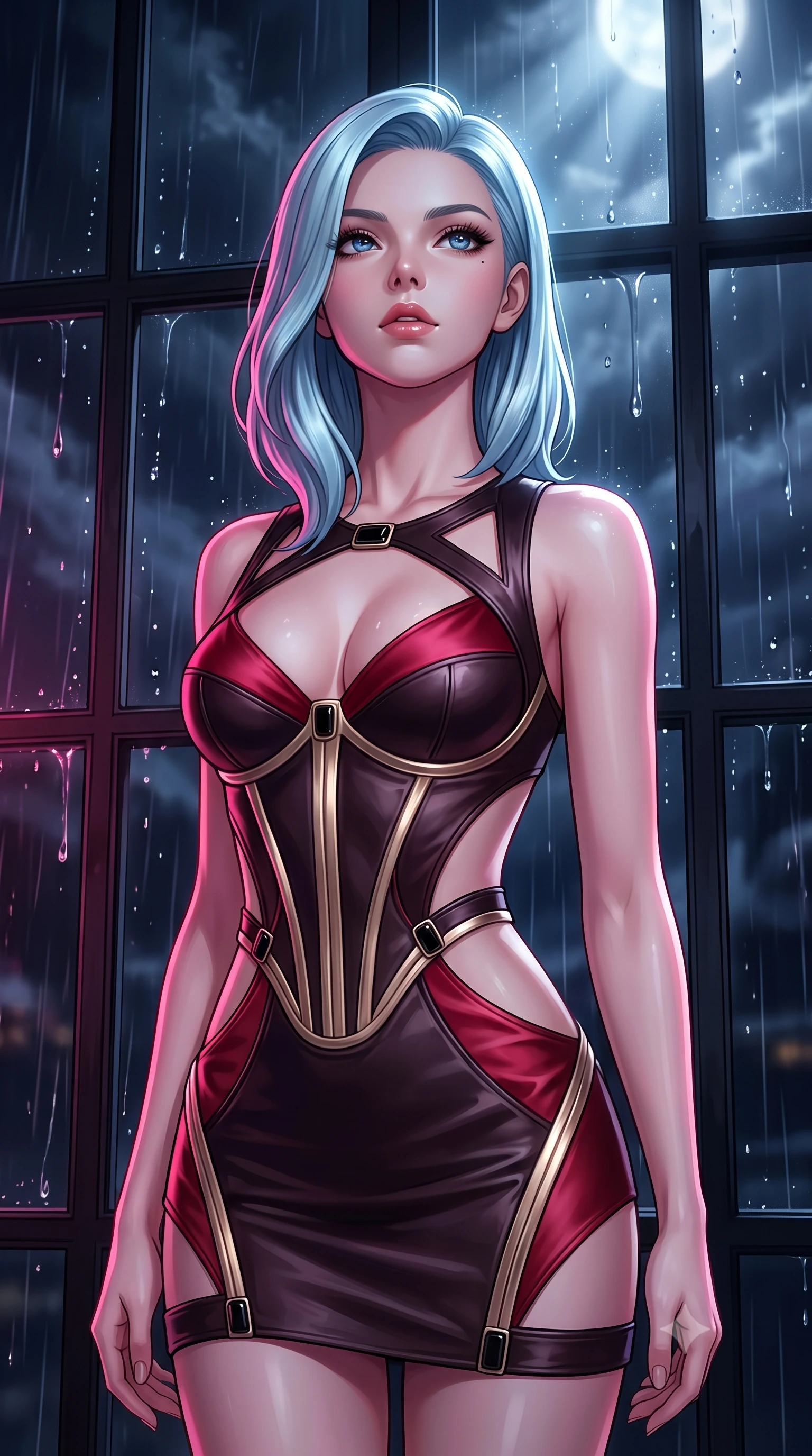 score_9, masterpiece, best quality, ultra-detailed, high-budget anime keyframe, editorial fashion photography, tasteful artistic composition, Korean woman. close-up cowboy shot from the waist and thighs up, the character dominates the composition, filling the frame with her large presence, background elements kept in soft focus. Tilting her chin up slightly with lips parted in a composed, magnetic expression, looking up at a stormy midnight sky through dark glass panes covered in raindrops, rain droplets streaming down dark glass panes glinting under silver moon rays. She has an exceptionally elegant, slender, and willowy female figure with an ultra-slim waist, a gracefully sculpted slender torso, and a refined silhouette. sharp v-shaped jawline, high-bridge nose, intricate jewel-like eyes with depth, thick eyelashes, glossy lips with a natural sheen. wearing architectural cut-out dark leather mini dress with sculpted metallic boning in champagne gold, made of soft crimson satin, adorned with minimalist black onyx hardware framing the silhouette, accentuating her gracefully sculpted slender torso. illuminated by eerie ruby orchid glow and cold silver moonlight from above. highly saturated vibrant anime colors, detailed shading with soft gradients, rich glossy textures, high-contrast stereoscopic depth, volumetric dynamic lighting, master piece, 9:16 ratio