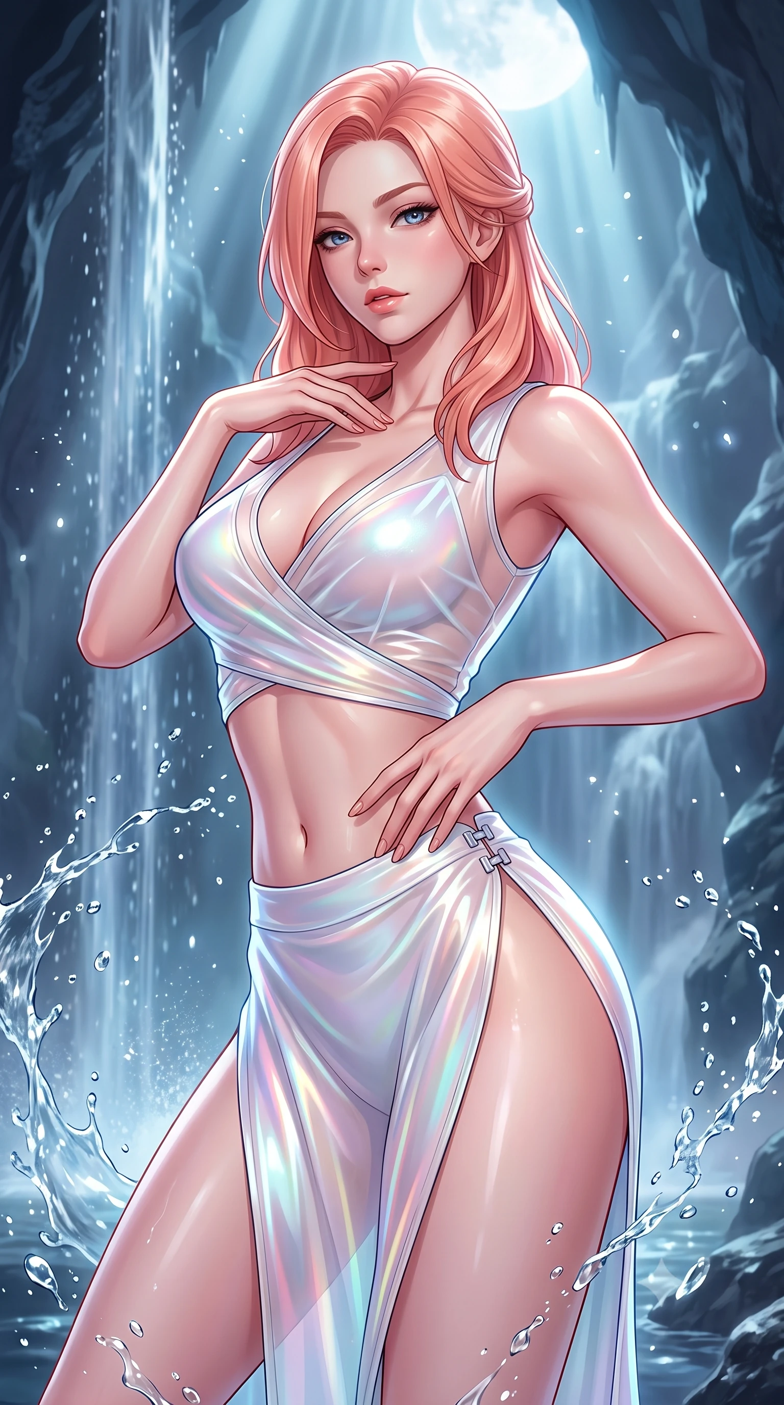 score_9, masterpiece, best quality, ultra-detailed, high-budget anime keyframe, semi-realistic 3D game render, editorial fashion photography, tasteful artistic composition, Japanese woman. close-up cowboy shot from the waist and thighs up, the character dominates the composition, filling the frame with her large presence. twisting her upper body in a dynamic S-curve with an alluring smolder, one hand trailing along her slender waist while arching her spine in a fluid motion as silver moonlight penetrates the mist of a sacred cavern waterfall. The surrounding environment is rendered in vivid detail and crisp panoramic clarity. sharp water droplet splashes, cascading waterfall spray textures, and glowing moonbeams in high resolution. She has an exceptionally elegant, slender, and willowy female figure with an ultra-slim waist, a gracefully sculpted slender torso, toned flat midriff, and a refined slim silhouette. sharp v-shaped jawline, high-bridge nose, intricate jewel-like eyes with depth, thick eyelashes, glossy lips with a natural sheen, flawlessly proportioned anatomical accuracy, strict slender model proportions, natural body alignment, perfectly sculpted long slender limbs, ultra-slim waistline, clean dynamic posture without body distortion. wearing a shortened cyber-fusion wrap top with transparent chiffon panels, a deep crossover neckline, and a high-waisted metallic sash that accentuates her ultra-slim waist in glistening liquid pearl white with rainbow opalescence, tailored from semi-translucent cybernetic vinyl with glowing micro-filaments, finished with an ultra-high side slit secured by miniature magnetic clasps, the liquid-tight tailored fabric emphasizing every curve of her tall, slender model proportions and sculptured silhouette during dynamic movement. surrounded by a sacred, pristine, and intensely seductive moon-sanctuary atmosphere. highly saturated vibrant anime colors, detailed shading with soft gradients, rich glossy textures, high-contrast stereoscopic depth, volumetric dynamic lighting, master piece, 9:16 ratio