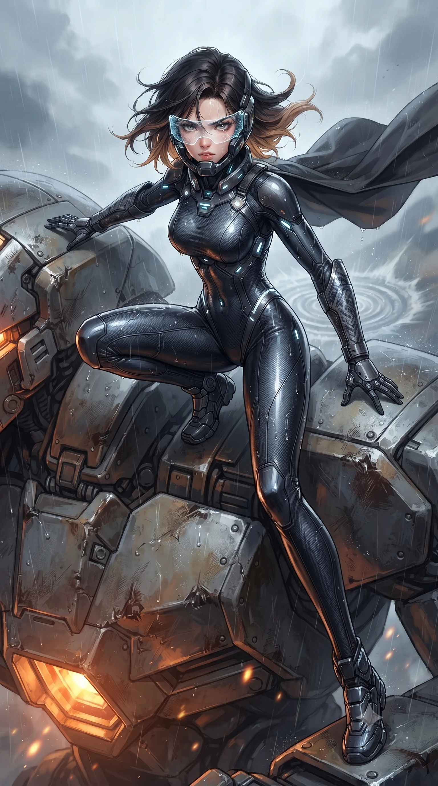 score_9, masterpiece, best quality, ultra-detailed, high-budget anime keyframe, editorial fashion photography, tasteful artistic composition, Korean woman. low angle full-body shot from head to toe showing her feet, filling the entire 9:16 vertical frame with her statuesque presence, stretching her vertical silhouette. landing gracefully from a high-altitude leap on one knee and palm, her statuesque silhouette framed by radial shockwave ripples in the ground while stepping along the giant mech's shoulder armor with wind whipping through her dark hair and tactical cape. The surrounding environment is rendered in vivid detail and crisp panoramic clarity. sharp hydraulic piston seams, rain droplet tracks on skin, and battle-scuffed armor details in high clarity. She has an absolutely perfect, statuesque 8.5-heads proportion, an exceptionally tall and slender model-like female figure with impossibly long slender legs, a toned flat midriff, and an ultra-slim waist. sharp v-shaped jawline, high-bridge nose, intricate jewel-like eyes with depth, thick eyelashes, glossy lips with a natural sheen, fierce and resolute heroine expression, flawlessly proportioned anatomical accuracy, strict slender model proportions, natural body alignment, perfectly sculpted long slender limbs, ultra-slim waistline, clean dynamic posture without body distortion. wearing an open-face aerodynamic carbon-fiber combat helmet with a retracted transparent holographic HUD visor framing her sharp jawline and jewel-like eyes, paired with a skin-tight dark carbon-weave combat bodysuit with glowing neon energy conduits and reinforced Damascus-pattern forearm strike guards in storm-grey carbon mesh with high-contrast white hazard stripes, made of lightweight aerodynamic carbon-titanium alloy with precision-beveled armor seams, featuring a sleek aerodynamic collar framed by subtle glowing cybernetic status LEDs, the glove-like aerodynamic second-skin fit tightly clinging to her ultra-slender waist and athletic curves without adding bulk, accentuating her razor-sharp statuesque lines and slim hourglass silhouette. bathed in glowing amber reactor fire uplights and cool overcast skylight fill. ultra-reflective glossy finish, specular highlights, dark metallic sheen, high-contrast stereoscopic depth, volumetric dynamic lighting, 2k, ultra detail, master piece, 9:16 ratio