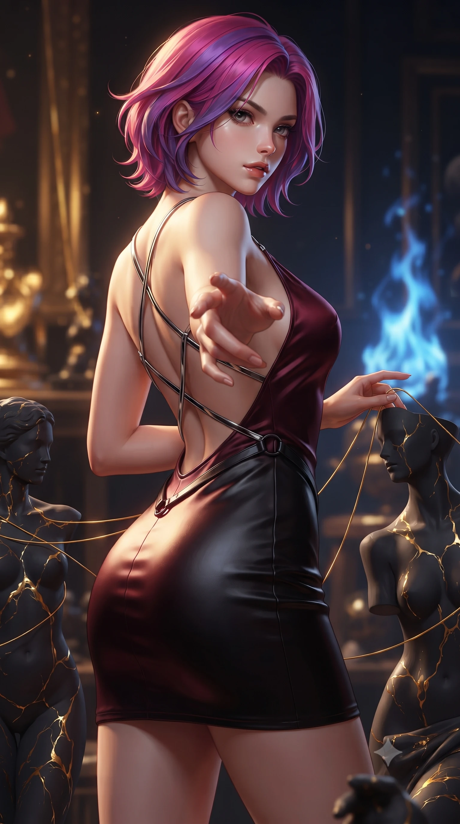 score_9, masterpiece, best quality, ultra-detailed, high-budget anime keyframe, editorial fashion photography, tasteful artistic composition, Caucasian woman. close-up cowboy shot from the waist and thighs up, the character dominates the composition, filling the frame with her large presence, background elements kept in soft focus. Reaching one hand toward the viewer with relaxed dark elegance, threading molten gold threads through dark Bisque porcelain sculptures, high-contrast dark ceramic textures reflecting bright metallic gold veins. She has an exceptionally elegant, slender, and willowy female figure with an ultra-slim waist, a gracefully sculpted slender torso, and a refined silhouette. sharp v-shaped jawline, high-bridge nose, intricate jewel-like eyes with depth, thick eyelashes, glossy lips with a natural sheen. wearing dramatically scooped backless dark satin mini dress with criss-cross chrome straps in deep crimson burgundy, made of polished black leather, adorned with minimalist black onyx hardware framing the silhouette, highlighting her statuesque proportions and ultra-slim waistline. bathed in dramatic contrast of warm gold liquid light and cool blue alchemy flames. highly saturated vibrant anime colors, detailed shading with soft gradients, rich glossy textures, high-contrast stereoscopic depth, volumetric dynamic lighting, master piece, 9:16 ratio