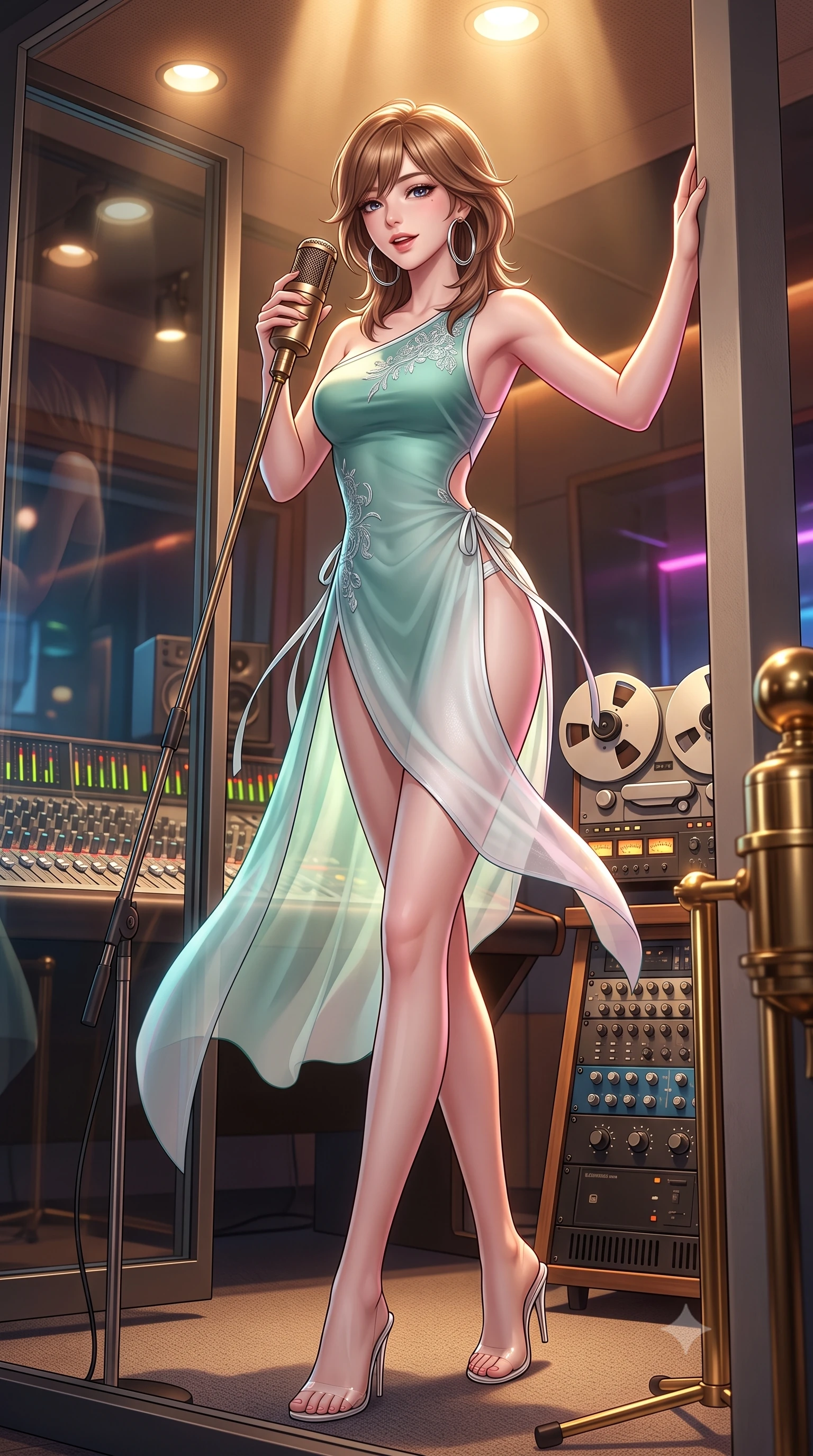 score_9, masterpiece, best quality, ultra-detailed, high-budget anime keyframe, semi-realistic 3D game render, editorial fashion photography, tasteful artistic composition, Korean woman. low angle full-body shot from head to toe showing her feet, filling the entire 9:16 vertical frame with her statuesque presence, stretching her vertical silhouette. standing tall beside the architectural column, one hand resting high while arching her lower back to emphasize her sculpted feminine hips and slender waist while standing inside the soundproof glass vocal booth holding a vintage condenser microphone, arching her back with passionate siren allure. The surrounding environment is rendered in vivid detail and crisp panoramic clarity: sharp mixing desk fader scales, spinning reel-to-tape guide rollers, and polished brass microphone grill in deep focus. She has an absolutely perfect, statuesque 8.5-heads proportion, an exceptionally tall and slender model-like female figure with impossibly long slender legs, an ultra-slim waist, a flat toned midriff, narrow delicate ribcage, and beautifully sculpted feminine hips creating a graceful, slim hourglass silhouette without any bulky heaviness. sharp v-shaped jawline, high-bridge nose, sparkling eyes with hypnotic seductive depth, thick curled eyelashes, glossy parted lips with a natural dewy peach sheen, alluring bedroom-eyes with an enchanting coquettish smile, exuding magnetic siren charisma and sophisticated glamour, flawlessly proportioned anatomical accuracy, strict slender model proportions, natural body alignment, perfectly sculpted long slender limbs, ultra-slim waistline, clean dynamic posture without body distortion. wearing an asymmetric one-shoulder modern hanbok tunic with dramatic side hip slit and delicate waist ribbons in moonlit jade green and pure alabaster white with silver accents, made of sheer gossamer chiffon that drapes softly against skin with airy translucence, accented with oversized polished chrome hoop earrings catching the ambient neon glow, the precision-cut side openings and low-back scoop framing her graceful spine and the sensual sweep of her slim, toned hips. bathed in warm 3000K overhead spotlighting and glowing console indicator lamps. highly saturated vibrant anime colors, detailed shading with soft gradients, rich glossy textures, high-contrast stereoscopic depth, volumetric dynamic lighting, master piece, 9:16 ratio