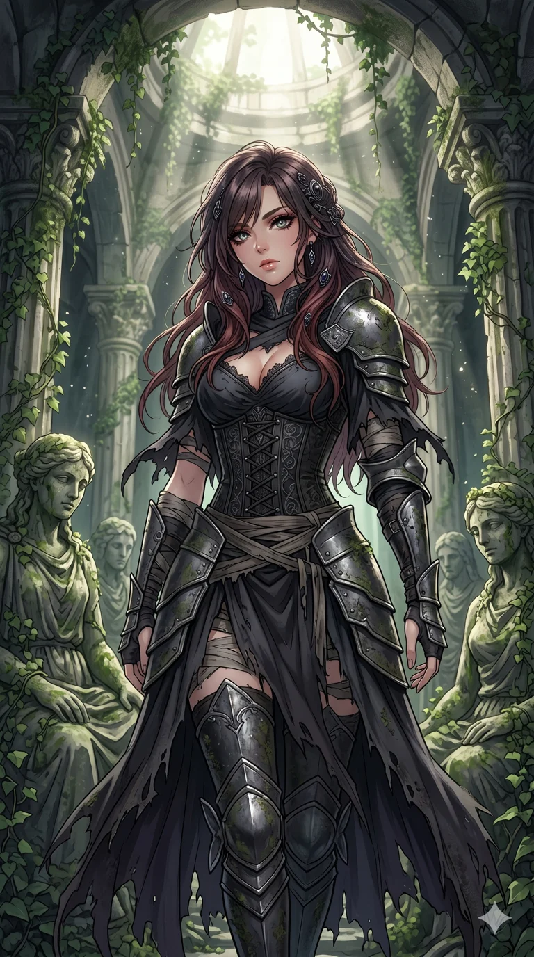 score_9, masterpiece, best quality, ultra-detailed, High-budget Anime Keyframe, beautiful Caucasian anime girl (strictly human ears). Low angle cowboy shot filling the entire 9:16 frame with her statuesque presence. Awakening from a thousand-year slumber amidst moss-covered stone statues and ancient ruins. She has an absolutely perfect 8-heads proportion, an exceptionally tall and slender female figure with impossibly long slender legs and an ultra-slim waist. Sharp v-shaped jawline, high-bridge nose, intricate jewel-like eyes with depth, thick eyelashes, glossy lips with a natural sheen. Wearing a Dark Fantasy outfit: weathered silver plate armor over tattered black silk and a gothic corset. Background is a sunken garden with overgrown ivy, crumbling columns, and soft sunbeams. 2k, ultra detail, master piece, 9:16 ratio
