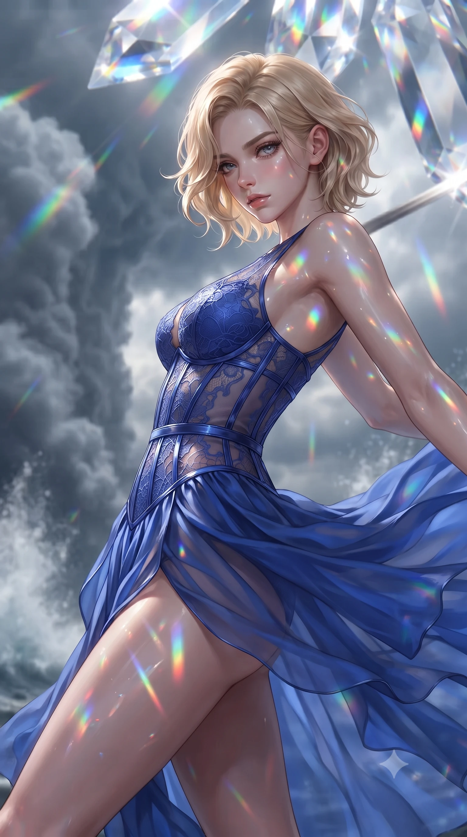 score_9, masterpiece, best quality, ultra-detailed, high-budget anime keyframe, editorial fashion photography, tasteful artistic composition, realistic cosplay photography, Caucasian woman, strictly human ears. close-up cowboy shot from the waist and thighs up, the character dominates the composition, filling the frame with her large presence, background elements kept in soft focus. Leaning back to dodge a fast strike with fluid grace, casting a cold side-glare. set against a soft-focus background of the calm but electrified center of a massive typhoon, surrounded by a towering wall of dark spinning clouds and water spray. She has an exceptionally elegant and slender, willowy female figure with an ultra-slim waist, a gracefully sculpted slender torso, and a refined slim physique. sharp v-shaped jawline, high-bridge nose, intricate jewel-like eyes with depth, thick eyelashes, glossy lips with a natural sheen. wearing the lightweight fabric rippling and billowing dramatically with her movement, a tailored lace cage dress in cobalt blue, with a detailed corset waist and sheer panels that highlight her slender torso. cascading rainbow prismatic light refracting through crystal formations overhead. ultra-reflective glossy finish, specular highlights, metallic sheen, high-contrast stereoscopic depth, volumetric dynamic lighting, 2k, ultra detail, master piece, 9:16 ratio