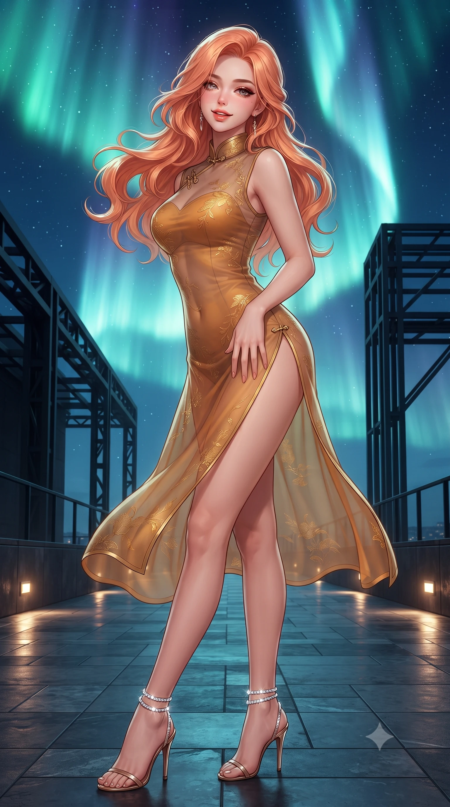 score_9, masterpiece, best quality, ultra-detailed, high-budget anime keyframe, editorial fashion photography, tasteful artistic composition, Japanese woman. close-up cowboy shot from the waist and thighs up, the character dominates the composition, filling the frame with her large presence. tilting her head with a teasing half-smile, running one hand slowly down the side of her hip in a flirtatious S-curve as ambient light caresses her silhouette while standing tall on the heated dark slate cantilevered deck, arching her back with regal siren poise beneath monumental waving curtains of polar aurora. The surrounding environment is rendered in vivid detail and crisp panoramic clarity: sharp heated dark slate paving texture, blackened architectural steel finishes, and natural reindeer pelt fur hair detail in deep focus. She has an exceptionally elegant, slender, and willowy female figure with an ultra-slim waist, flat toned midriff, narrow ribcage, and sculpted feminine hips creating an alluring, slim hourglass silhouette without bulk. sharp v-shaped jawline, high-bridge nose, sparkling eyes with hypnotic seductive depth, thick curled eyelashes, glossy parted lips with a natural dewy peach sheen, alluring bedroom-eyes with an enchanting coquettish smile, exuding magnetic siren charisma and sophisticated glamour, flawlessly proportioned anatomical accuracy, strict slender model proportions, natural body alignment, perfectly sculpted long slender limbs, ultra-slim waistline, clean dynamic posture without body distortion. wearing a modern cheongsam-inspired sheer mesh dress with high mandarin collar and daring hip-high double side slits in warm amber honey and antique gold leaf, made of sheer gossamer chiffon that drapes softly against skin with airy translucence, complemented by strappy stiletto sandals with crystal ankle wraps accentuating her slender calves, the high-slit wrap tailoring accentuating her ultra-slim waistline and the enchanting curve of her feminine hips with alluring seductive charm. illuminated by ground-level warm slate up-lights and sharp icy-emerald rim lights defining her delicate clavicles, narrow waist, and curvy hips. ultra-reflective glossy finish, specular highlights, rich textural contrasts, high-contrast stereoscopic depth, volumetric dynamic lighting, 2k, ultra detail, master piece, 9:16 ratio