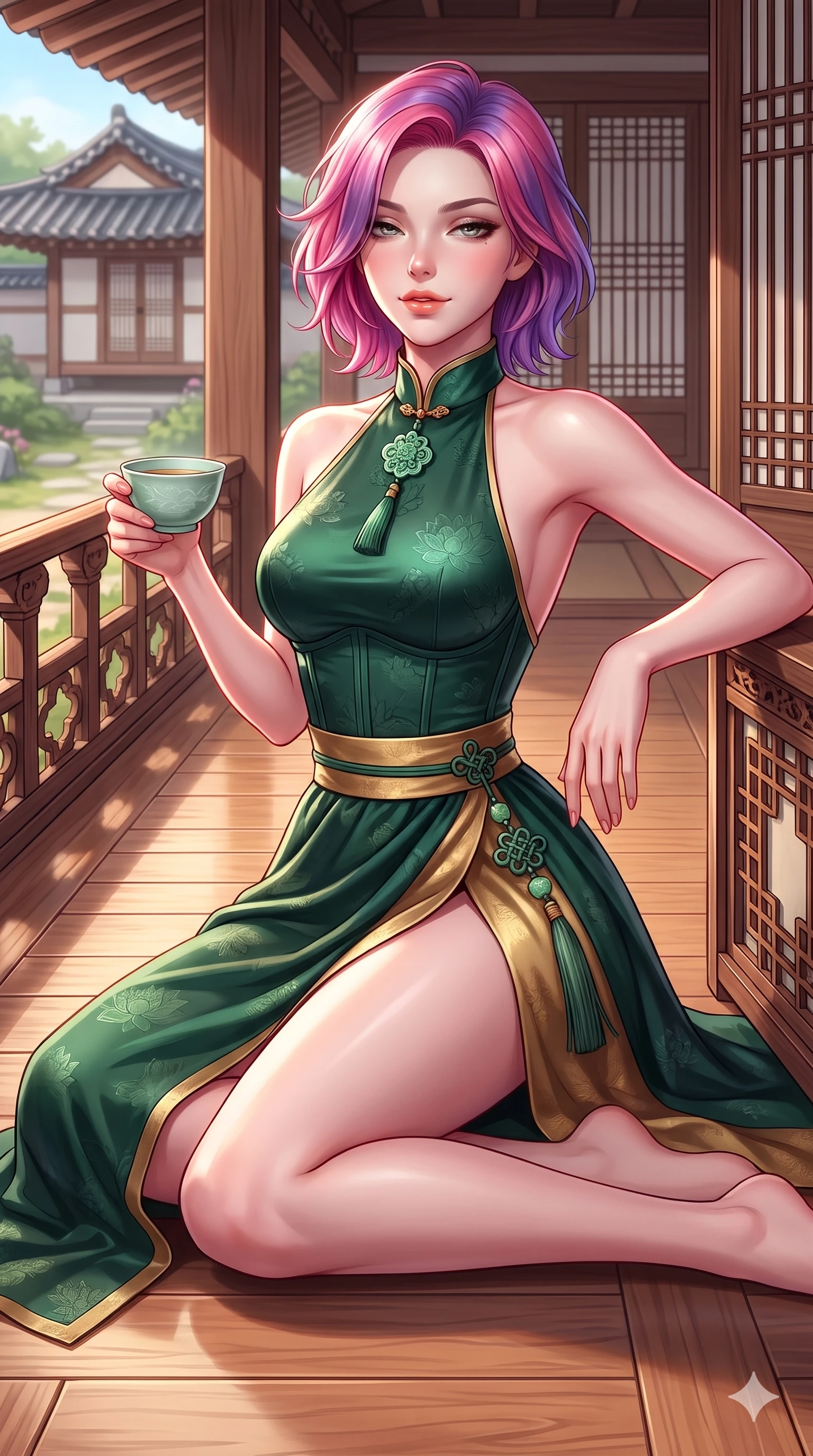 score_9, masterpiece, best quality, ultra-detailed, high-budget anime keyframe, semi-realistic 3D game render, editorial fashion photography, tasteful artistic composition, Caucasian woman. close-up cowboy shot from the waist and thighs up, the character dominates the composition, filling the frame with her large presence. leaning back against the balustrade with relaxed seductive grace, head tilted back slightly while casting a hypnotic, heavy-lidded gaze while sitting gracefully on the polished veranda floor with one knee drawn up, holding a celadon teacup with parted glossy lips. The surrounding environment is rendered in vivid detail and crisp panoramic clarity: detailed boned hanbok bustier tailoring, norigae tassel fringe, and traditional wooden lattice craft in razor-sharp clarity. She has an exceptionally elegant, slender, and willowy female figure with an ultra-slim waist, flat toned midriff, narrow ribcage, and sculpted feminine hips creating an alluring, slim hourglass silhouette without bulk. sharp v-shaped jawline, high-bridge nose, sparkling eyes with hypnotic seductive depth, thick curled eyelashes, glossy parted lips with a natural dewy peach sheen, alluring bedroom-eyes with an enchanting coquettish smile, exuding magnetic siren charisma and sophisticated glamour, flawlessly proportioned anatomical accuracy, strict slender model proportions, natural body alignment, perfectly sculpted long slender limbs, ultra-slim waistline, clean dynamic posture without body distortion. wearing a sleek high-neck backless silk halter leotard styled with a high-slit chima wrap skirt revealing her long slender legs in dark emerald forest and brushed antique gold, tailored from rich silk jacquard with subtle embossed lotus blossom patterns, finished with authentic carved jade pendants and traditional norigae knots, the form-contouring silhouette accentuating her sculpted flat midriff, narrow delicate ribcage, and gracefully curvy hips with intoxicating allure. illuminated by polished floor bounce and sharp rose-gold rim lights defining her razor-sharp jawline, narrow waist, and curvy hips. highly saturated vibrant anime colors, detailed shading with soft gradients, rich glossy textures, high-contrast stereoscopic depth, volumetric dynamic lighting, master piece, 9:16 ratio