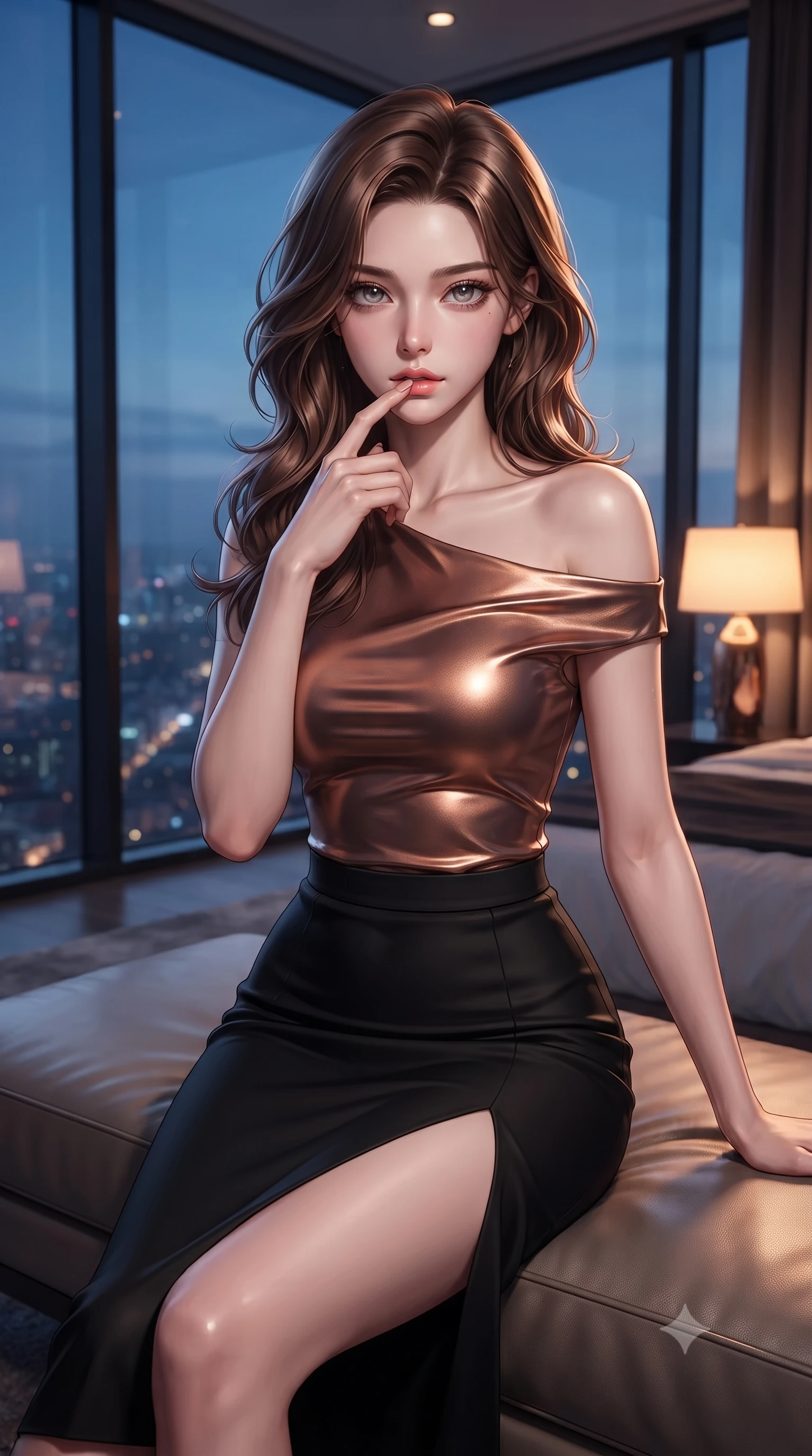 score_9, masterpiece, best quality, ultra-detailed, high-budget anime keyframe, editorial fashion photography, tasteful artistic composition, Korean woman woman. close-up cowboy shot from the waist and thighs up, the character dominates the composition, filling the frame with her large presence, background elements kept in soft focus. pressing one finger to her bottom lip in a thoughtful, seductive gesture under the warm sun the background shows a soft-focus a private penthouse bedroom with floor-to-ceiling glass walls overlooking a distant city grid. She has an exceptionally elegant, slender, and willowy female figure with an ultra-slim waist, a gracefully sculpted slender torso, and a refined silhouette. sharp v-shaped jawline, high-bridge nose, intricate jewel-like eyes with depth, thick eyelashes, glossy lips with a natural sheen. wearing a form-contouring asymmetric off-shoulder top paired with a high-slit midi skirt, revealing a glimpse of her clavicle lines. cool blue city twilight key light contrasting with the warm amber glow of a bedside lamp. ultra-reflective glossy finish, specular highlights, metallic sheen, high-contrast stereoscopic depth, volumetric dynamic lighting, 2k, ultra detail, master piece, 9:16 ratio