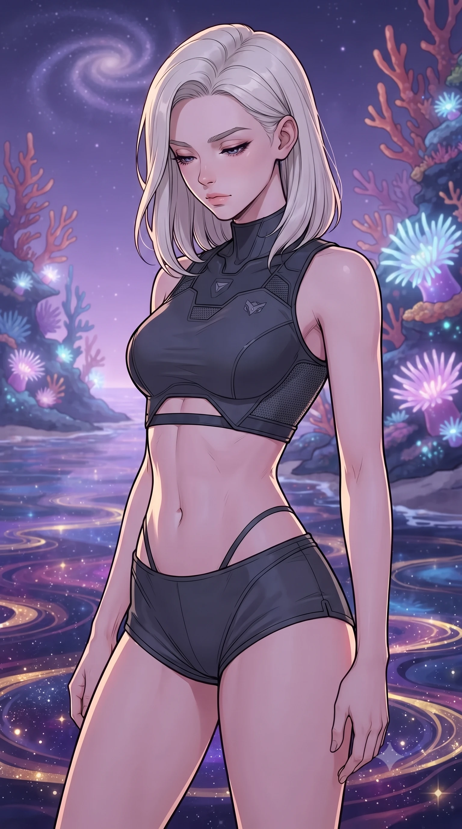 score_9, masterpiece, best quality, ultra-detailed, high-budget anime keyframe, gorgeous anime illustration, with clean line-art and distinct ink outlines, Caucasian woman, strictly human ears. close-up cowboy shot from the waist and thighs up, the character dominates the composition, filling the frame with her large presence, background elements kept in soft focus. Looking down with lowered lashes and a composed powerful expression. set against a soft-focus background of walking along a shoreline where the sea is made of liquid starlight and the coral reefs grow upwards into the sky, glowing space anemones emitting soft pulses under a lavender night sky. She has an exceptionally elegant and slender, willowy female figure with an ultra-slim waist, a gracefully sculpted slender torso, and a refined slim physique. sharp v-shaped jawline, high-bridge nose, intricate jewel-like eyes with depth, thick eyelashes, glossy lips with a natural sheen. wearing a cyber-tactical crop top in dark grey with a waist cutout, paired with matching high-cut shorts. soft glowing ambient light with sharp side key light tracing the sleek contours of her figure. 2k, ultra detail, master piece, 9:16 ratio, vibrant anime color palette, detailed cel-shading with soft gradients, rich contrast, dynamic lighting, 2d animation style