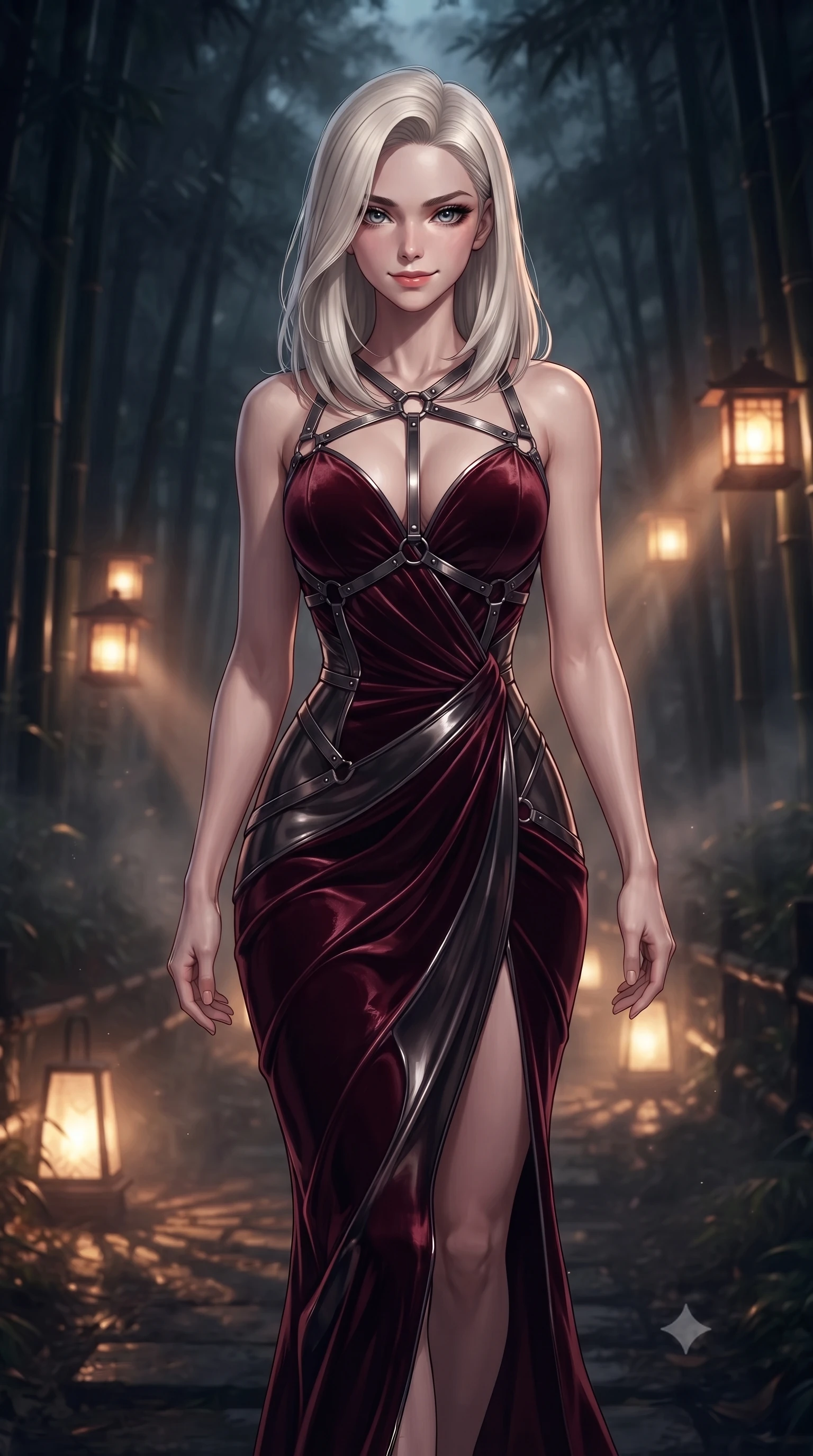 score_9, masterpiece, best quality, ultra-detailed, high-budget anime keyframe, editorial fashion photography, tasteful artistic composition, Caucasian woman. close-up cowboy shot from the waist and thighs up, the character dominates the composition, filling the frame with her large presence, background elements kept in soft focus. Smiling with quiet, magnetic self-assurance directly into the camera, navigating a shadowy dark bamboo forest path lined with dim amber lanterns, dim gold lantern light casting warm dramatic rays through thick midnight mist. She has an exceptionally elegant, slender, and willowy female figure with an ultra-slim waist, a gracefully sculpted slender torso, and a refined silhouette. sharp v-shaped jawline, high-bridge nose, intricate jewel-like eyes with depth, thick eyelashes, glossy lips with a natural sheen. wearing sculpted form-fitting dark velvet column gown in pitch black in deep crimson burgundy, made of liquid dark mercury jersey, highlighted by a gunmetal metallic harness structure, contouring every curve with an exceptionally elegant silhouette. surrounded by a mysterious dark spiritual aura with sharp edge lighting. highly saturated vibrant anime colors, detailed shading with soft gradients, rich glossy textures, high-contrast stereoscopic depth, volumetric dynamic lighting, master piece, 9:16 ratio