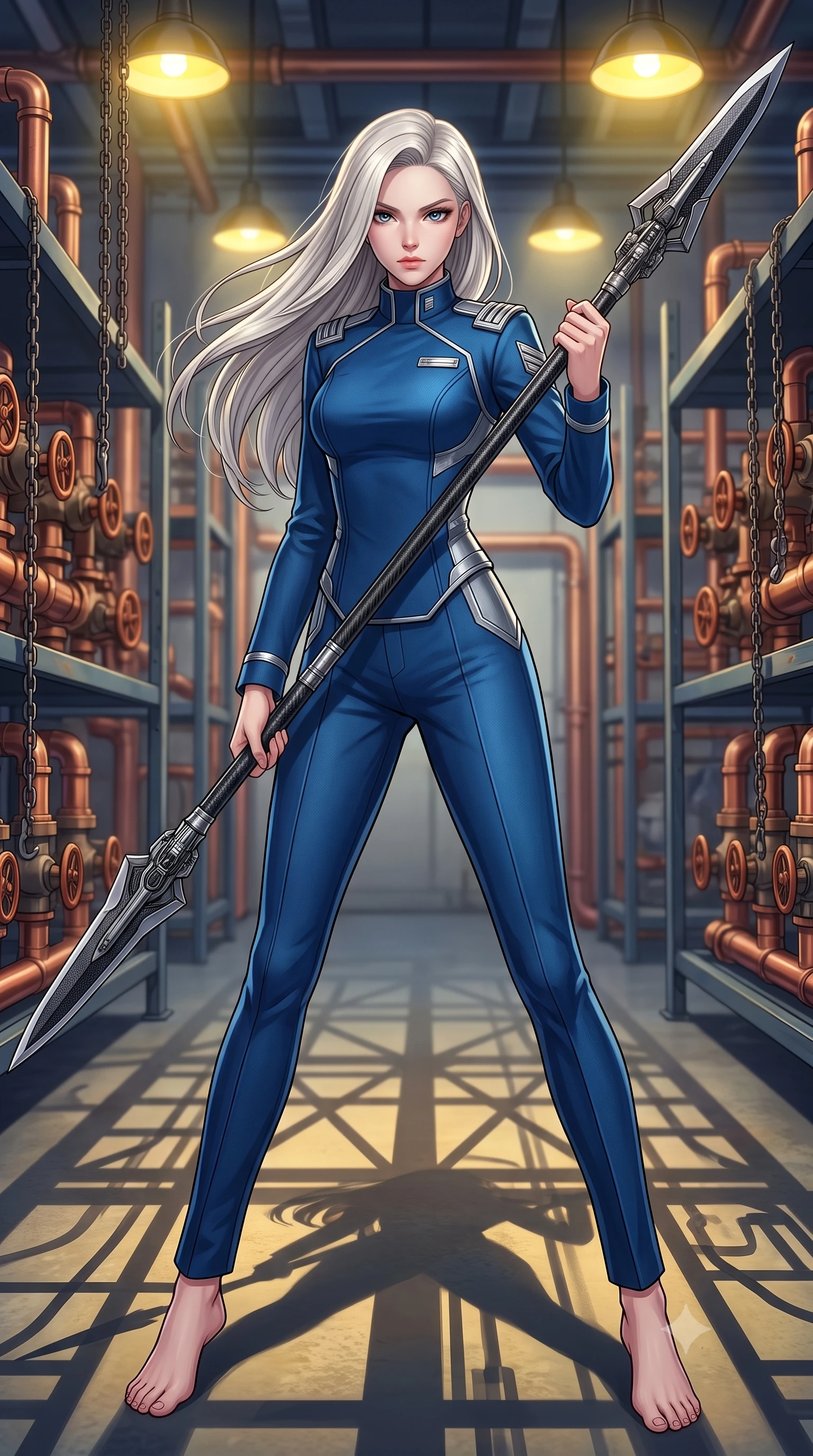 score_9, masterpiece, best quality, ultra-detailed, high-budget anime keyframe, editorial fashion photography, tasteful artistic composition, Caucasian woman. low angle full-body shot from head to toe showing her feet, filling the entire 9:16 vertical frame with her statuesque presence, stretching her vertical silhouette. standing in a dynamic combat stance with a carbon-fiber spear held diagonally, stretching her statuesque body, the background shows a soft-focus a copper pipe warehouse with racks of industrial valves and iron chains. She has an absolutely perfect, statuesque 8.5-heads proportion, an exceptionally tall and slender model-like female figure with impossibly long slender legs and an ultra-slim waist. sharp v-shaped jawline, high-bridge nose, intricate jewel-like eyes with depth, thick eyelashes, glossy lips with a natural sheen. wearing a tailored modern high-collar space marine dress uniform in deep blue wool, featuring structured silver shoulder ranks. harsh yellow overhead lamps casting long structured frame shadows on the floor. highly saturated vibrant anime colors, detailed shading with soft gradients, rich glossy textures, high-contrast stereoscopic depth, volumetric dynamic lighting, master piece, 9:16 ratio
