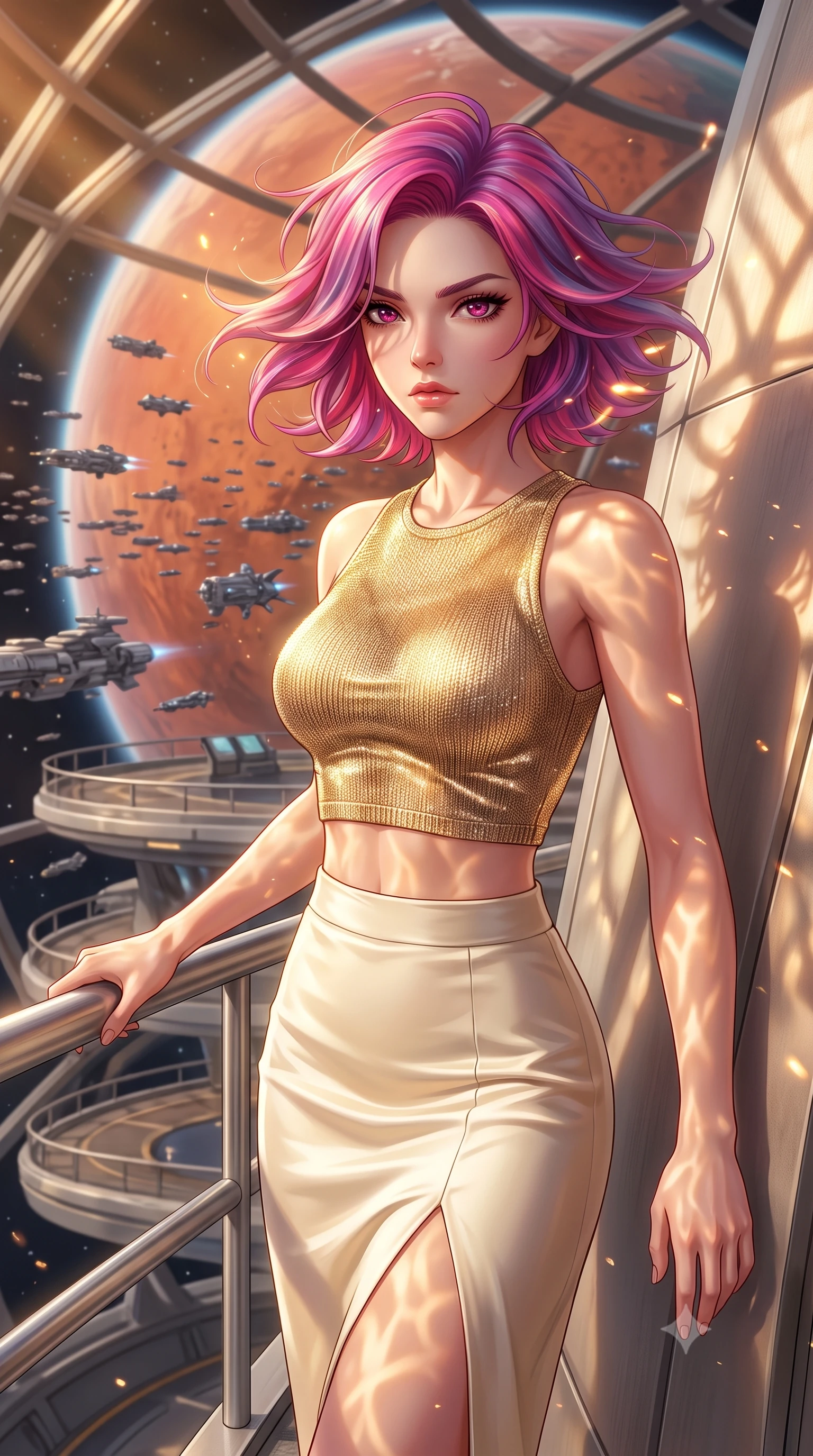 score_9, masterpiece, best quality, ultra-detailed, high-budget anime keyframe, editorial fashion photography, tasteful artistic composition, Caucasian woman, strictly human ears. close-up cowboy shot from the waist and thighs up, the character dominates the composition, filling the frame with her large presence, background elements kept in soft focus. Bracing against the hull decompression wind, her expression resolute and hand gripping a metal safety rail. set against a soft-focus background of an observation balcony of a flagship, looking out at a fleet of hundreds of cruisers assembling in orbit of a red planet. She has an exceptionally elegant and slender, willowy female figure with an ultra-slim waist, a gracefully sculpted slender torso, and a refined slim physique. sharp v-shaped jawline, high-bridge nose, intricate jewel-like eyes with depth, thick eyelashes, glossy lips with a natural sheen. wearing catching and diffusing the glowing particles, shimmering softly in response to the surrounding light, a form-contouring crop top in a gold metallic knit paired with a high-waisted cream silk skirt featuring a front slit. highly saturated vibrant anime colors, intense vivid color palette, soft 3D volumetric shading, volumetric dynamic lighting, warm golden afternoon sunbeams casting soft organic leaf shadows across her skin. 2k, ultra detail, master piece, 9:16 ratio