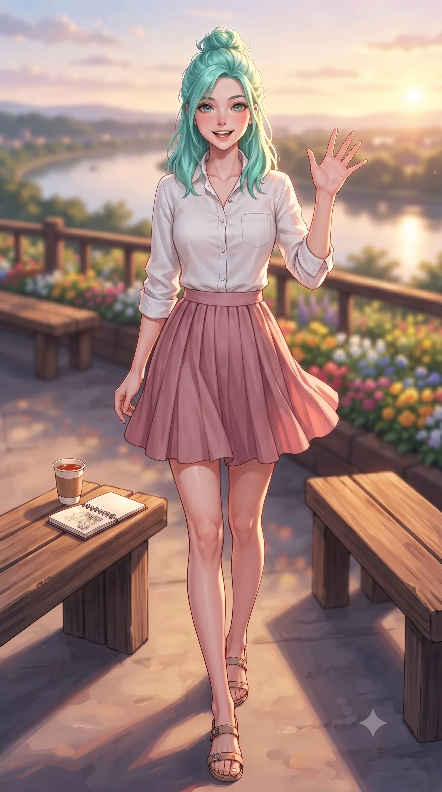 score_9, masterpiece, best quality, ultra-detailed, high-budget anime keyframe, editorial fashion photography, tasteful artistic composition, Japanese woman. low angle full-body shot from head to toe showing her feet, filling the entire 9:16 vertical frame with her statuesque presence, stretching her vertical silhouette. stepping forward with a bright, cheerful smile, waving happily at the viewer set against a soft-focus background of at a scenic river bend overlook with wooden benches and flower beds with a paper cup of warm tea and a small sketchbook on her lap. She has an absolutely perfect, statuesque 8.5-heads proportion, an exceptionally tall and slender model-like female figure with impossibly long slender legs and an ultra-slim waist. sharp v-shaped jawline, high-bridge nose, intricate jewel-like eyes with depth, thick eyelashes, glossy lips with a natural sheen. wearing slim-fit casual linen button-down shirt in white, paired with a flowy pleated skirt in dusty pink. volumetric sunset rays casting long warm highlights on her active form. highly saturated vibrant anime colors, detailed shading with soft gradients, rich glossy textures, high-contrast stereoscopic depth, volumetric dynamic lighting, master piece, 9:16 ratio