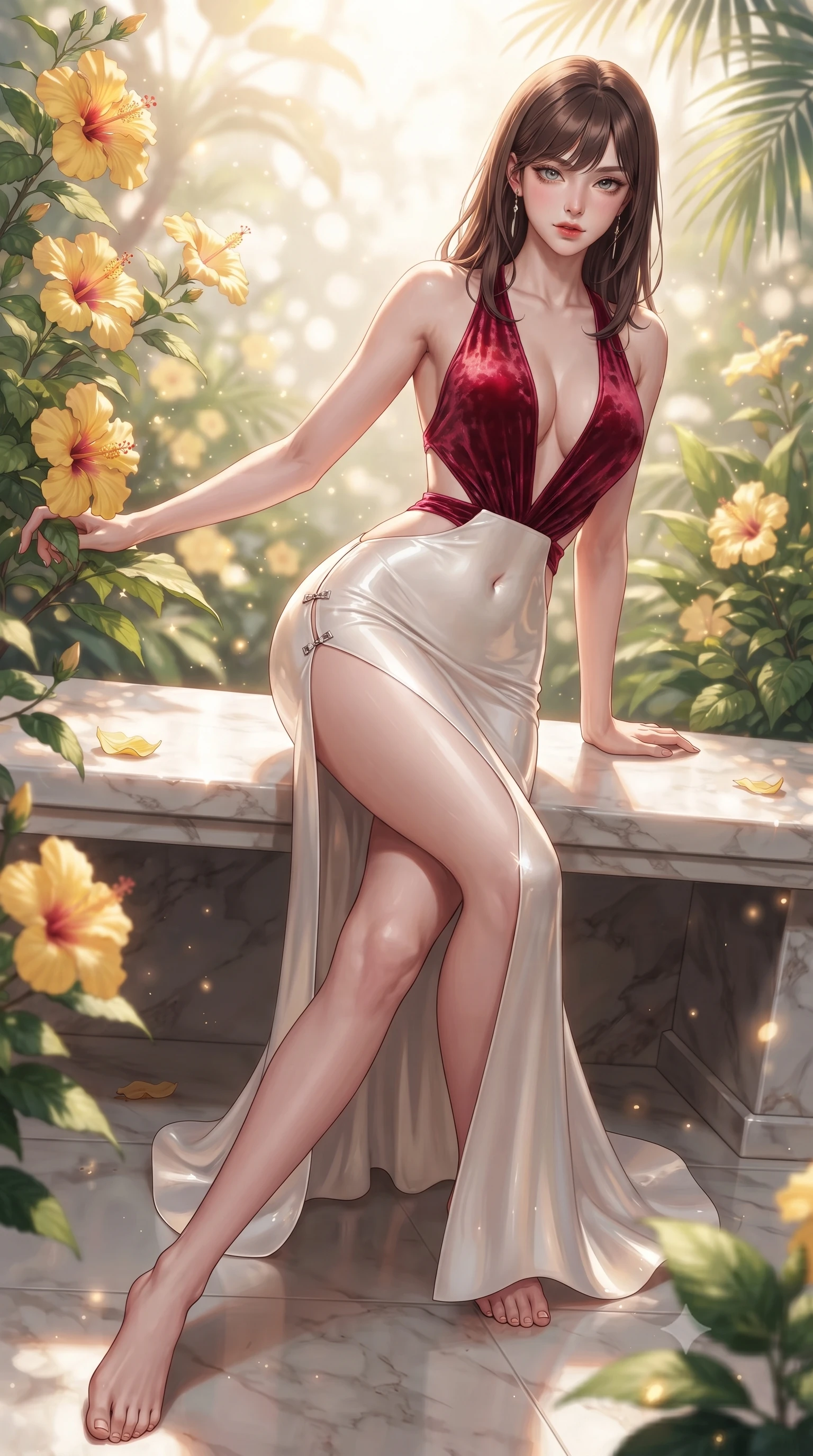 score_9, masterpiece, best quality, ultra-detailed, high-budget anime keyframe, editorial fashion photography, tasteful artistic composition, Korean woman. low angle full-body shot from head to toe showing her feet, filling the entire 9:16 vertical frame with her statuesque presence, stretching her vertical silhouette. pivoting dynamically in mid-motion with a breathtakingly alluring posture, displaying her flawless model proportions and ultra-slim waist while reclining along a polished marble bench surrounded by blooming yellow hibiscus with an alluring smoldering gaze. The composition keeps background elements in soft focus with creamy bokeh. sun-drenched tropical foliage scattering radiant light motes across a soft background. She has an absolutely perfect, statuesque 8.5-heads proportion, an exceptionally tall and slender model-like female figure with impossibly long slender legs, a toned flat midriff, and an ultra-slim waist. sharp v-shaped jawline, high-bridge nose, intricate jewel-like eyes with depth, thick eyelashes, glossy lips with a natural sheen, flawlessly proportioned anatomical accuracy, strict slender model proportions, natural body alignment, perfectly sculpted long slender limbs, ultra-slim waistline, clean dynamic posture without body distortion. wearing a backless crimson crushed velvet gown with a deep plunging V-neckline, strategic hip cutouts, and an ultra-high thigh slit in glistening liquid pearl white with rainbow opalescence, crafted from ultra-reflective second-skin latex with a high-gloss glass-like polish, finished with an ultra-high side slit secured by miniature magnetic clasps, the form-contouring material adhering flawlessly to her sculpted flat midriff and slender torso, emphasizing her long leg lines and perfectly proportioned willowy build. surrounded by a bright, pristine, and captivatingly fresh botanical sanctuary atmosphere. ultra-reflective glossy finish, specular highlights, metallic sheen, high-contrast stereoscopic depth, volumetric dynamic lighting, 2k, ultra detail, master piece, 9:16 ratio