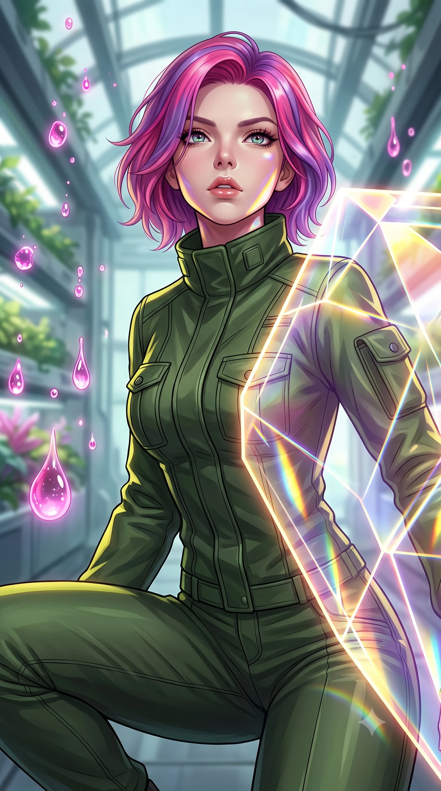 score_9, masterpiece, best quality, ultra-detailed, high-budget anime keyframe, editorial fashion photography, tasteful artistic composition, Caucasian woman. close-up cowboy shot from the waist and thighs up, the character dominates the composition, filling the frame with her large presence, background elements kept in soft focus. crouching slightly behind a glowing holographic shield emitter, looking up with defiance and lips slightly parted, the background shows a soft-focus a hydroponic greenhouse corridor with floating droplets of glowing pink cyber-sap. She has an exceptionally elegant, slender, and willowy female figure with an ultra-slim waist, a gracefully sculpted slender torso, and a refined silhouette. sharp v-shaped jawline, high-bridge nose, intricate jewel-like eyes with depth, thick eyelashes, glossy lips with a natural sheen. wearing a slim-fit protective combat pilot jacket in deep olive green, featuring a high collar, utility pockets, and straight-fit trousers. micro-prismatic refractions of yellow and violet neon light onto her form. highly saturated vibrant anime colors, detailed shading with soft gradients, rich glossy textures, high-contrast stereoscopic depth, volumetric dynamic lighting, master piece, 9:16 ratio
