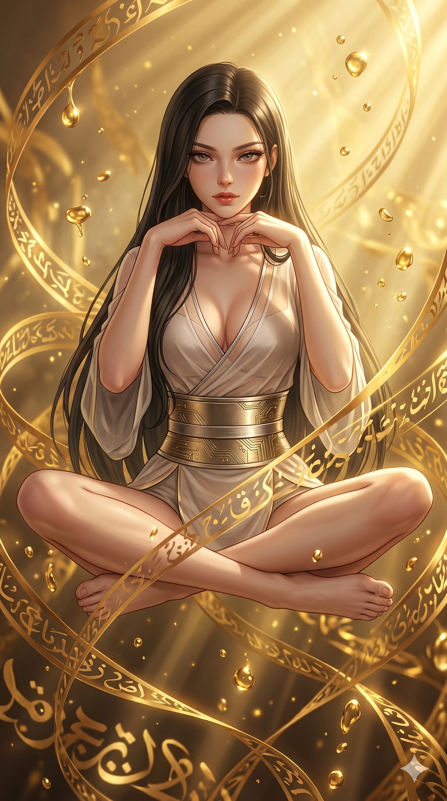 score_9, masterpiece, best quality, ultra-detailed, high-budget anime keyframe, editorial fashion photography, tasteful artistic composition, Korean woman. Upper body close-up from the thighs up, character filling the screen for maximum presence. She is sitting cross-legged mid-air, levitating amidst swirling golden script ribbons and floating liquid gold droplets. She rests her chin on her fingers, looking down with a sultry, commanding glance. She has an absolutely perfect 8-heads proportion, an exceptionally tall and slender female figure with impossibly long slender legs and an ultra-slim waist. V-shaped jawline, high-bridge nose, intricate jewel-like eyes with depth, thick eyelashes, glossy lips with a natural sheen. She is wearing a shortened cyber-fusion wrap top with transparent chiffon panels, a deep crossover neckline, and a high-waisted metallic sash that accentuates her ultra-slim waist. The scene is lit by intense, warm golden ambient light and sharp volumetric sunbeams cutting through volumetric fog. 2k, ultra detail, master piece, 9:16 ratio