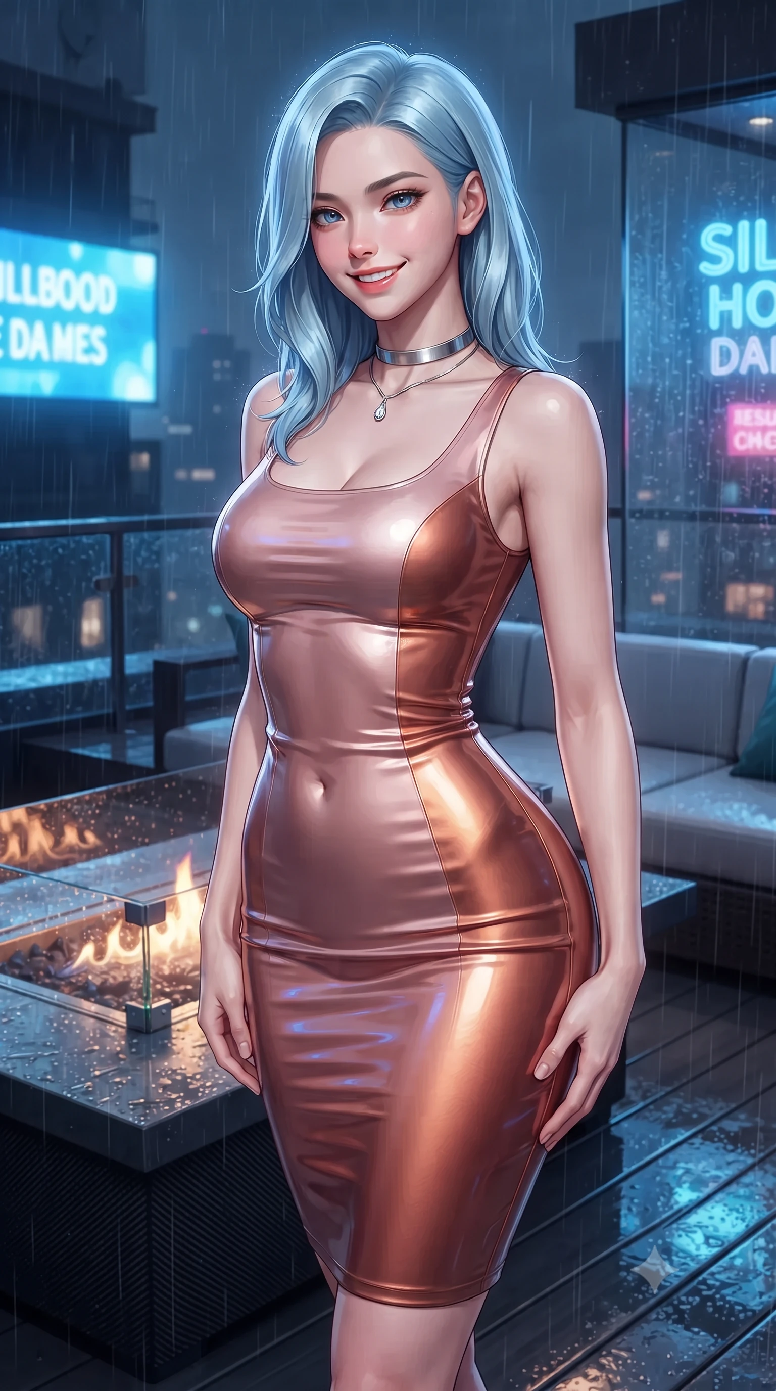 score_9, masterpiece, best quality, ultra-detailed, high-budget anime keyframe, editorial fashion photography, tasteful artistic composition, Korean woman. close-up cowboy shot from the waist and thighs up, the character dominates the composition, filling the frame with her large presence. tilting her head with a teasing half-smile, running one hand slowly down the side of her hip in a flirtatious S-curve as ambient light caresses her silhouette while twisting her slender torso in an alluring contrapposto stance beside the sunken fire table, electric blue billboard reflections dancing across her narrow waist and curvy hips. The surrounding environment is rendered in vivid detail and crisp panoramic clarity: sharp carbon-fiber composite textures, stainless steel deck fasteners, and crisp holographic typography reflected on wet glass in deep focus. She has an exceptionally elegant, slender, and willowy female figure with an ultra-slim waist, flat toned midriff, narrow ribcage, and sculpted feminine hips creating an alluring, slim hourglass silhouette without bulk. sharp v-shaped jawline, high-bridge nose, intricate jewel-like sparkling eyes with depth, thick eyelashes, glossy parted lips with a natural peach sheen, bright cheerful beaming smile with an enchanting and coquettish sensual glint, exuding both youthful cute charm and seductive allure, flawlessly proportioned anatomical accuracy, strict slender model proportions, natural body alignment, perfectly sculpted long slender limbs, ultra-slim waistline, clean dynamic posture without body distortion. wearing an ultra-sleek high-gloss patent leather sheath dress contouring her ultra-slim waistline and feminine hips in high-gloss rose-gold and burnished copper, woven from buttery-soft stretch lambskin leather adhering to her body like a second skin, finished with a minimalist chrome choker and a single teardrop diamond pendant, the bespoke structured tailoring following the natural line of her 8.5-heads silhouette with refined elegance. illuminated by rain-slicked deck bounce and sharp cobalt-blue rim lights sculpting her jawline, narrow waist, and curvy hips. ultra-reflective glossy finish, specular highlights, rich textural contrasts, high-contrast stereoscopic depth, volumetric dynamic lighting, 2k, ultra detail, master piece, 9:16 ratio