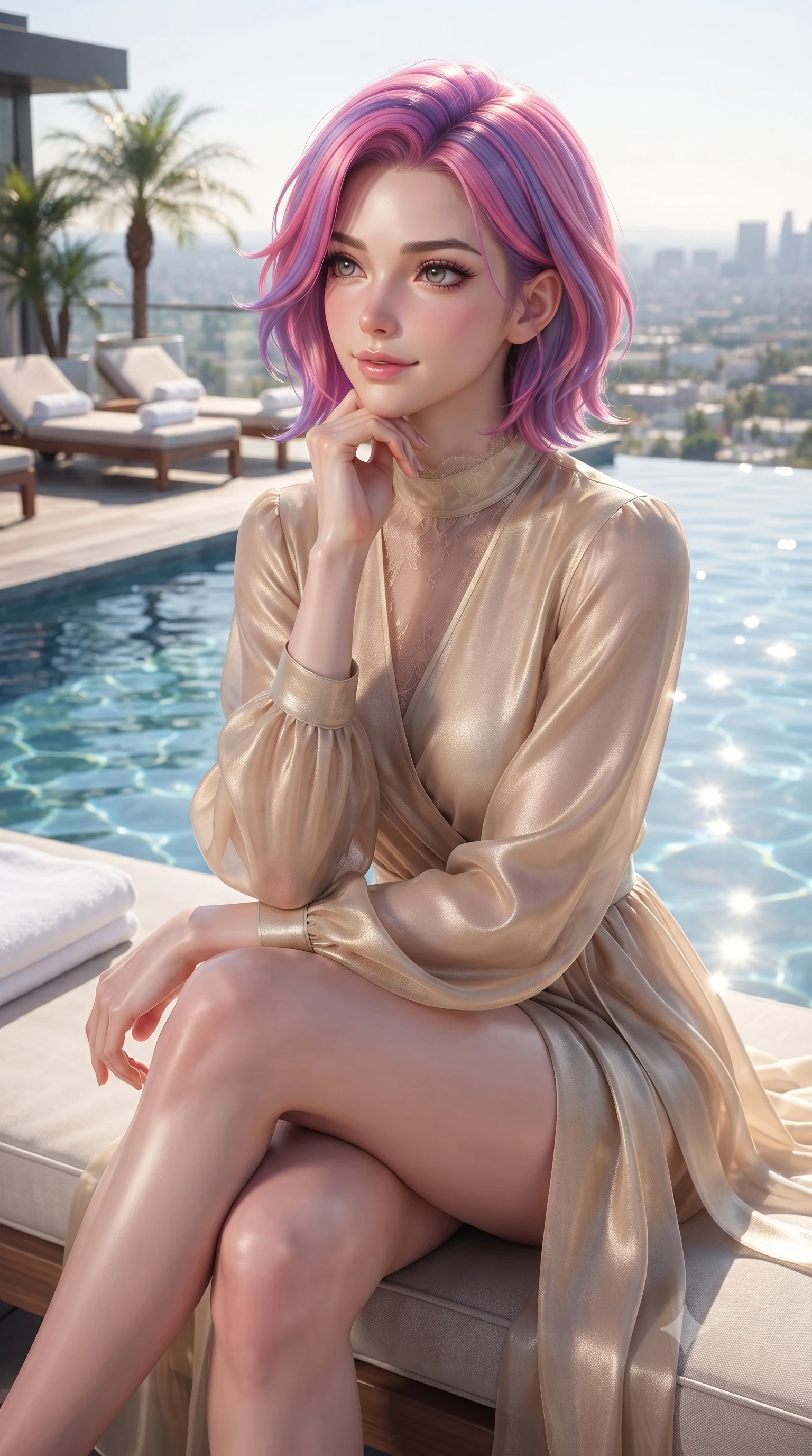 score_9, masterpiece, best quality, ultra-detailed, high-budget anime keyframe, editorial fashion photography, tasteful artistic composition, Caucasian woman woman. close-up cowboy shot from the waist and thighs up, the character dominates the composition, filling the frame with her large presence, background elements kept in soft focus. resting her chin on her hand, looking out at the beautiful scenery with a soft smile the background shows a soft-focus a luxury hotel rooftop pool with sunbeds and white towels, looking out at the city. She has an exceptionally elegant, slender, and willowy female figure with an ultra-slim waist, a gracefully sculpted slender torso, and a refined silhouette. sharp v-shaped jawline, high-bridge nose, intricate jewel-like eyes with depth, thick eyelashes, glossy lips with a natural sheen. wearing a tailored semi-transparent chiffon wrap dress in champagne gold, showing a glimpse of her waist. bright afternoon sunbeams creating shimmering patterns in the blue pool water. ultra-reflective glossy finish, specular highlights, metallic sheen, high-contrast stereoscopic depth, volumetric dynamic lighting, 2k, ultra detail, master piece, 9:16 ratio