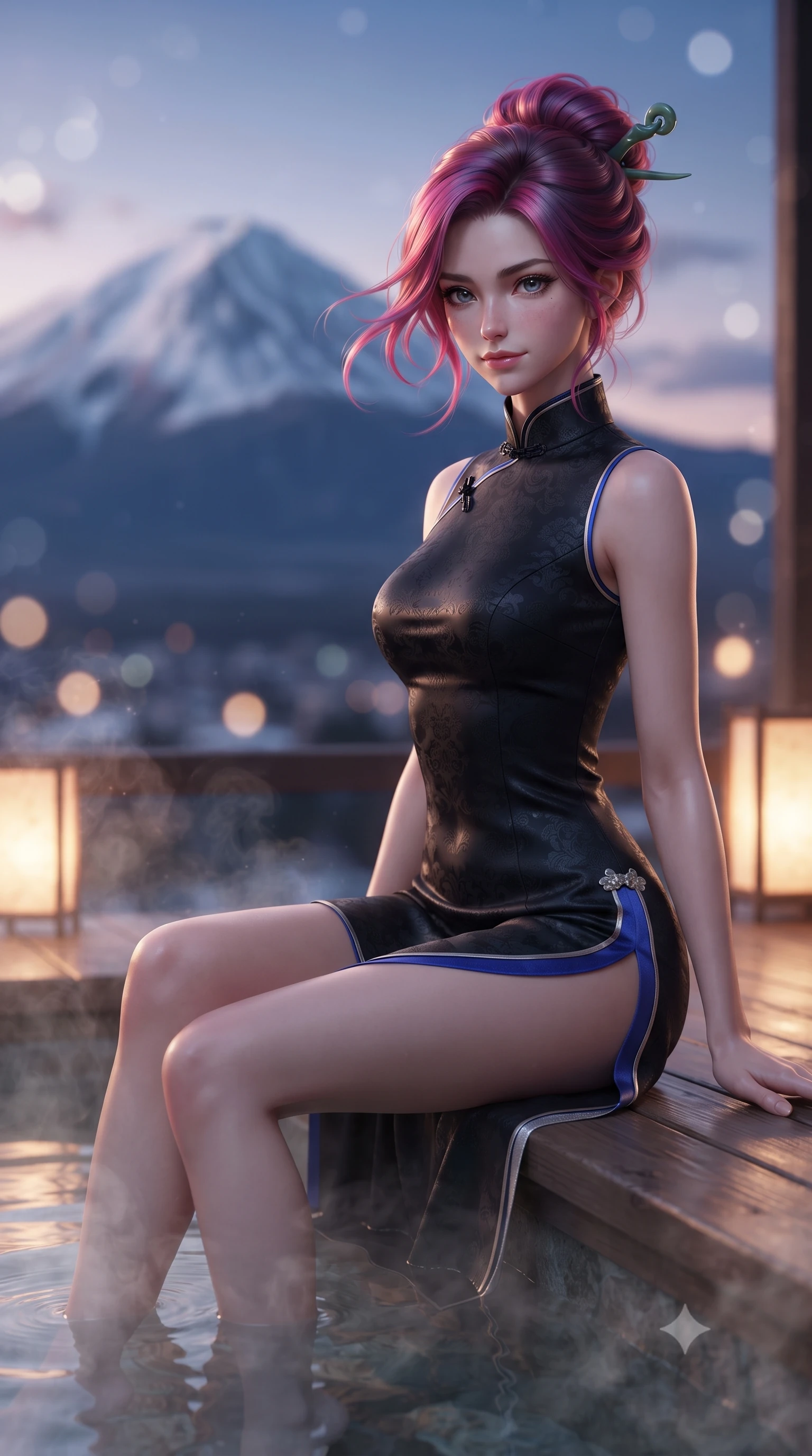 score_9, masterpiece, best quality, ultra-detailed, high-budget anime keyframe, editorial fashion photography, tasteful artistic composition, Caucasian woman. close-up cowboy shot from the waist and thighs up, the character dominates the composition, filling the frame with her large presence. turning slowly with a smoldering smile, her glossy dark hair tossing in the evening breeze as her hips angle gracefully in a captivating contrapposto while sitting gracefully on the heated wooden deck with legs dipping in the hot spring, her sleek loungewear radiating cozy sensual warmth. The background shows a soft-focus the iconic symmetrical snow cone of Mount Fuji and twilight purple alpine sky blurred into indigo, rose-gold, and frosty white bokeh. She has an exceptionally elegant, slender, and willowy female figure with an ultra-slim waist, flat toned midriff, narrow ribcage, and sculpted feminine hips creating an alluring, slim hourglass silhouette without bulk. sharp v-shaped jawline, high-bridge nose, intricate jewel-like dark sparkling almond eyes with depth, thick lashes, glossy parted lips with a natural rose-plum sheen, bright alluring and coquettish smile with bedroom-eyes, exuding both timeless oriental elegance and sovereign high-fashion allure, flawlessly proportioned anatomical accuracy, strict slender model proportions, natural body alignment, perfectly sculpted long slender limbs, ultra-slim waistline, clean dynamic posture without body distortion. wearing a form-contouring high-neck modern cheongsam mini dress in midnight black jacquard silk with daring double side hip slits in royal cobalt blue and starlight platinum, made of supple second-skin stretch silk jersey clinging flawlessly to her form, featuring a modern sculptural jade hair pin securing her loose silky updo, the form-contouring cut accentuating her sculpted flat midriff, narrow delicate ribcage, and gracefully curvy hips with regal oriental supermodel elegance. bathed in soft alpine twilight and warm glowing paper lantern light. ultra-reflective glossy finish, specular highlights, rich textural contrasts, high-contrast stereoscopic depth, volumetric dynamic lighting, 2k, ultra detail, master piece, 9:16 ratio
