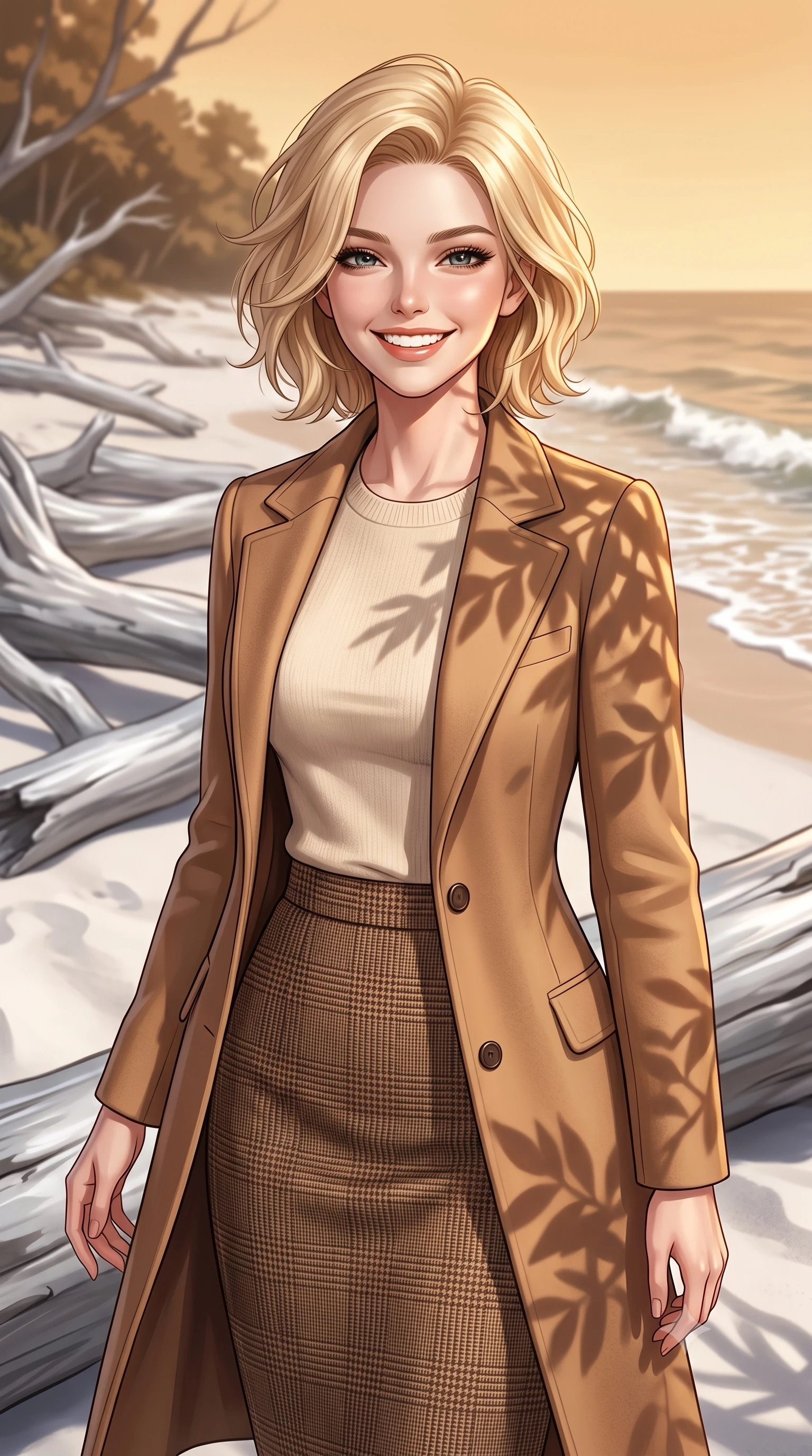 score_9, masterpiece, best quality, ultra-detailed, high-budget anime keyframe, editorial fashion photography, tasteful artistic composition, Caucasian woman, strictly human ears. close-up cowboy shot from the waist and thighs up, the character dominates the composition, filling the frame with her large presence, background elements kept in soft focus. Beaming with a wide, friendly smile that lights up her entire face. set against a soft-focus background of on a white sand beach filled with large, smooth silver driftwood logs, with gentle ocean waves lapping at the shore under a warm amber sky. She has an exceptionally elegant, slender, and willowy female figure with a highly-defined ultra-slim waist, a gracefully sculpted slender torso, and a refined slim-fit silhouette that contours her form. sharp v-shaped jawline, high-bridge nose, intricate jewel-like eyes with depth, thick eyelashes, glossy lips with a natural sheen. wearing a tailored slim-fit camel hair coat over a soft cream knit top and a brown check wool pencil skirt. warm golden afternoon sunbeams casting soft organic leaf shadows across her skin. 2k, ultra detail, master piece, 9:16 ratio