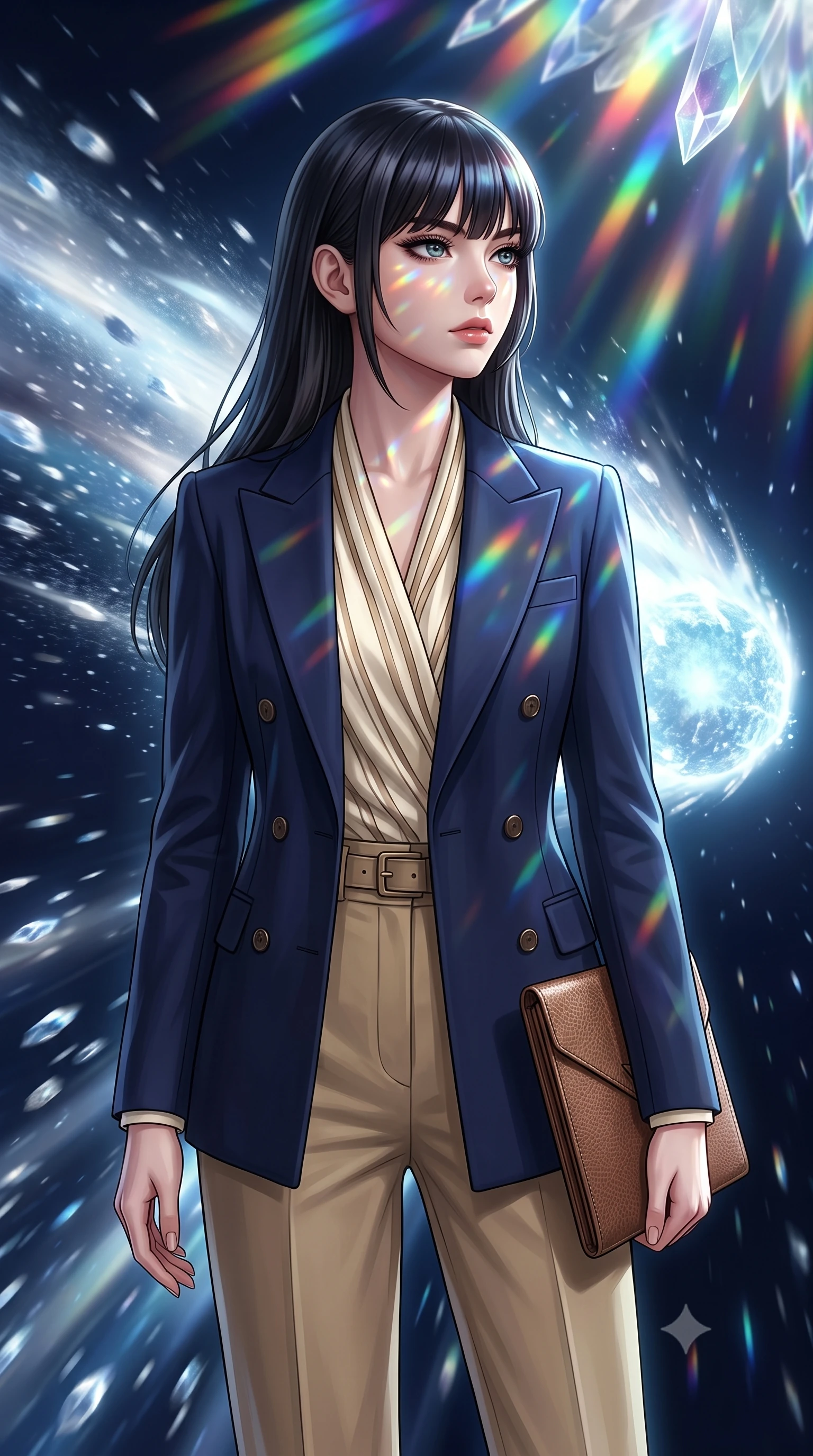 score_9, masterpiece, best quality, ultra-detailed, high-budget anime keyframe, editorial fashion photography, tasteful artistic composition, Caucasian woman, strictly human ears. close-up cowboy shot from the waist and thighs up, the character dominates the composition, filling the frame with her large presence, background elements kept in soft focus. Gazing past the camera with an air of effortless superiority. set against a soft-focus background of riding the luminous tail of a comet as it streaks through deep space with silver and blue ice particles streaming past at incredible speed and the comet's nucleus glowing ahead like a frozen sun. She has an exceptionally elegant and slender, willowy female figure with an ultra-slim waist, a gracefully sculpted slender torso, and a refined slim physique. sharp v-shaped jawline, high-bridge nose, intricate jewel-like eyes with depth, thick eyelashes, glossy lips with a natural sheen. wearing a tailored navy double-breasted blazer over a cream striped silk scarf top and high-waisted khaki slacks. cascading rainbow prismatic light refracting through crystal formations overhead. 2k, ultra detail, master piece, 9:16 ratio