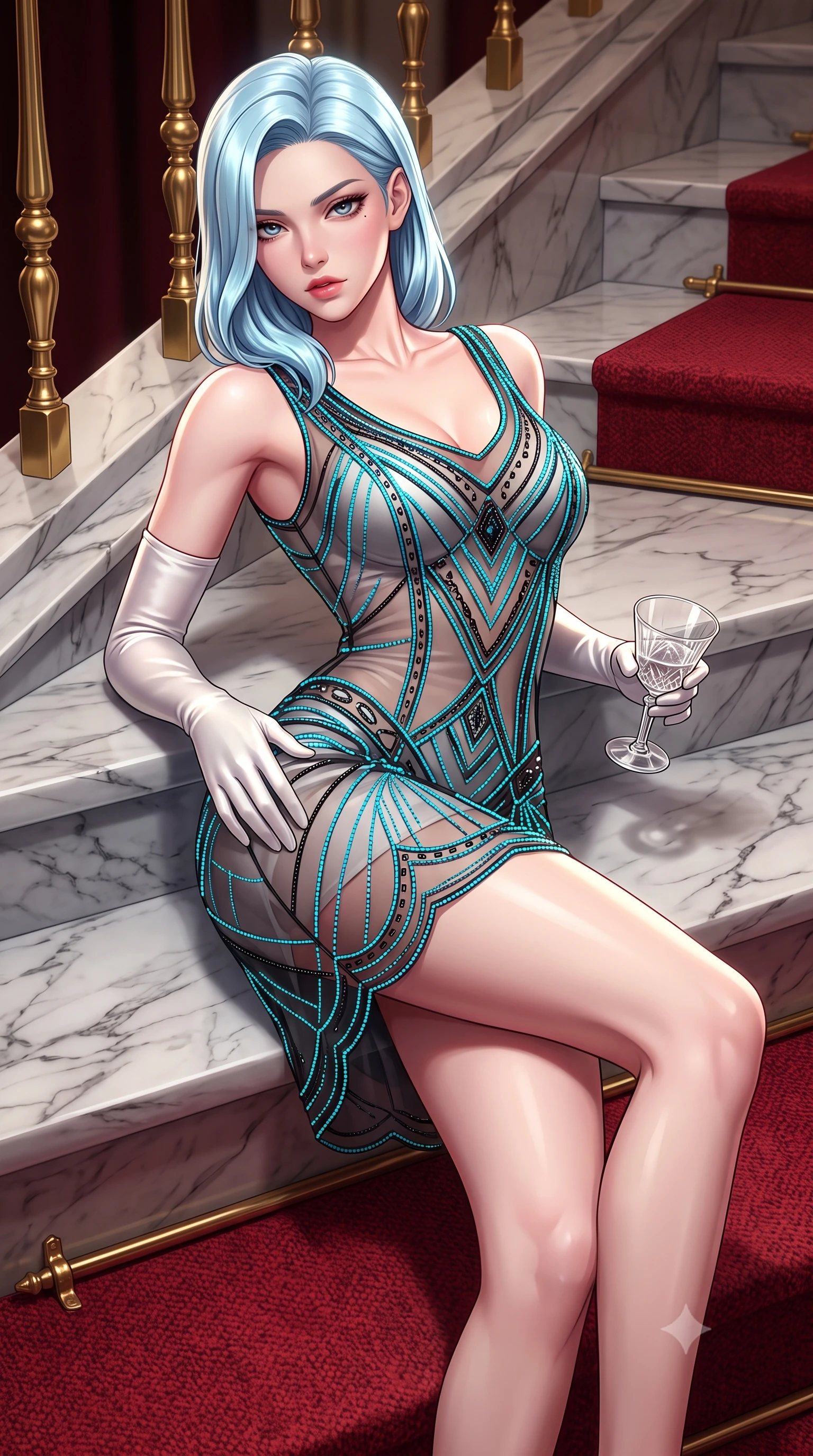 score_9, masterpiece, best quality, ultra-detailed, high-budget anime keyframe, semi-realistic 3D game render, editorial fashion photography, tasteful artistic composition, Korean woman. close-up cowboy shot from the waist and thighs up, the character dominates the composition, filling the frame with her large presence. arching her spine backward with effortless dancer poise, one hand sliding along her hip line as directional light carves specular highlights along her silhouette while reclining on the broad marble stair landing propped on one elbow, her long slender legs and sculpted waist commanding the opulent Belle Époque space. The surrounding environment is rendered in vivid detail and crisp panoramic clarity. sharp Italian marble step veining, plush crimson carpet weave, and gilded brass baluster details in deep focus. She has an exceptionally elegant, slender, and willowy female figure with an ultra-slim waist, flat toned midriff, narrow ribcage, and sculpted feminine hips creating an alluring, slim hourglass silhouette without bulk. sharp v-shaped jawline, high-bridge nose, intricate jewel-like eyes with depth, thick eyelashes, glossy parted lips with a natural sheen, intensely captivating and seductive bedroom-eyes expression, flawlessly proportioned anatomical accuracy, strict slender model proportions, natural body alignment, perfectly sculpted long slender limbs, ultra-slim waistline, clean dynamic posture without body distortion. wearing a sheer vintage mesh flapper dress adorned with intricate geometric beadwork over an opaque silk slip in neon electric cyan and lacquer black, made of fluid silk crepe with delicate inner corsetry boning, accessorized with opera-length satin gloves and a vintage crystal glass, the form-contouring material adhering flawlessly to her sculpted flat midriff and slender torso, emphasizing her long leg lines and perfectly proportioned willowy build. illuminated by crisp directional spotlights sharply defining her sculpted collarbones, ultra-slim waist, and curvy hips. highly saturated vibrant anime colors, detailed shading with soft gradients, rich glossy textures, high-contrast stereoscopic depth, volumetric dynamic lighting, master piece, 9:16 ratio