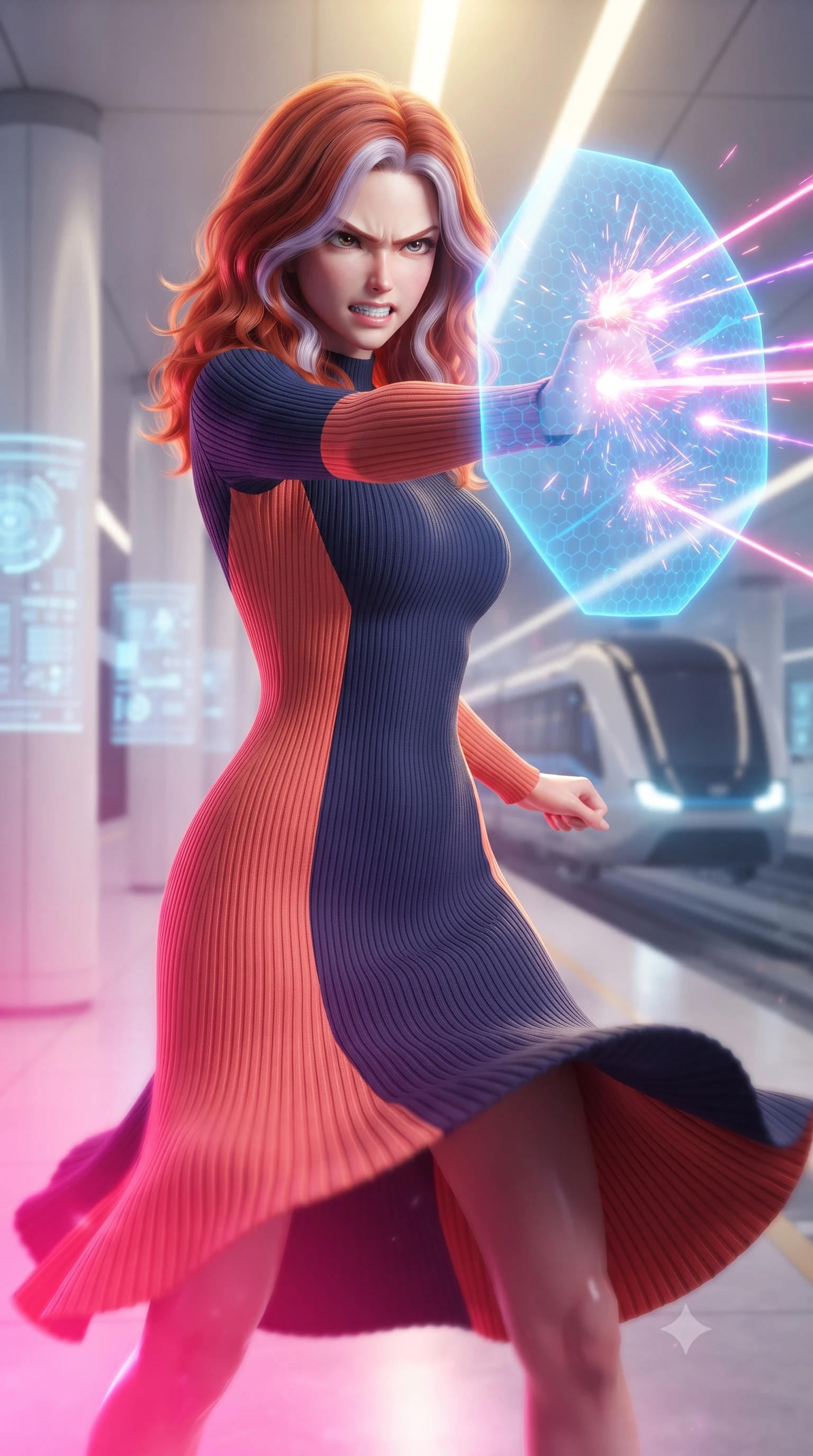score_9, masterpiece, best quality, ultra-detailed, high-budget anime keyframe, editorial fashion photography, tasteful artistic composition, realistic cosplay photography, Caucasian woman, strictly human ears. close-up cowboy shot from the waist and thighs up, the character dominates the composition, filling the frame with her large presence, background elements kept in soft focus. Deflecting incoming plasma bolts with a glowing energy shield attached to her forearm, teeth grit in determination. set against a soft-focus background of a clean, futuristic station platform with white pillars and digital displays, a sleek train hovering on magnetic tracks. She has an exceptionally elegant and slender, willowy female figure with an ultra-slim waist, a gracefully sculpted slender torso, and a refined slim physique. sharp v-shaped jawline, high-bridge nose, intricate jewel-like eyes with depth, thick eyelashes, glossy lips with a natural sheen. wearing the lightweight fabric rippling and billowing dramatically with her movement, a form-contouring precision-fitted long-sleeve knit midi dress in a vibrant color block of navy and warm coral, contouring her slender torso. dramatic contrast of hot pink furnace glow from below and cool golden light from above. ultra-reflective glossy finish, specular highlights, metallic sheen, high-contrast stereoscopic depth, volumetric dynamic lighting, 2k, ultra detail, master piece, 9:16 ratio
