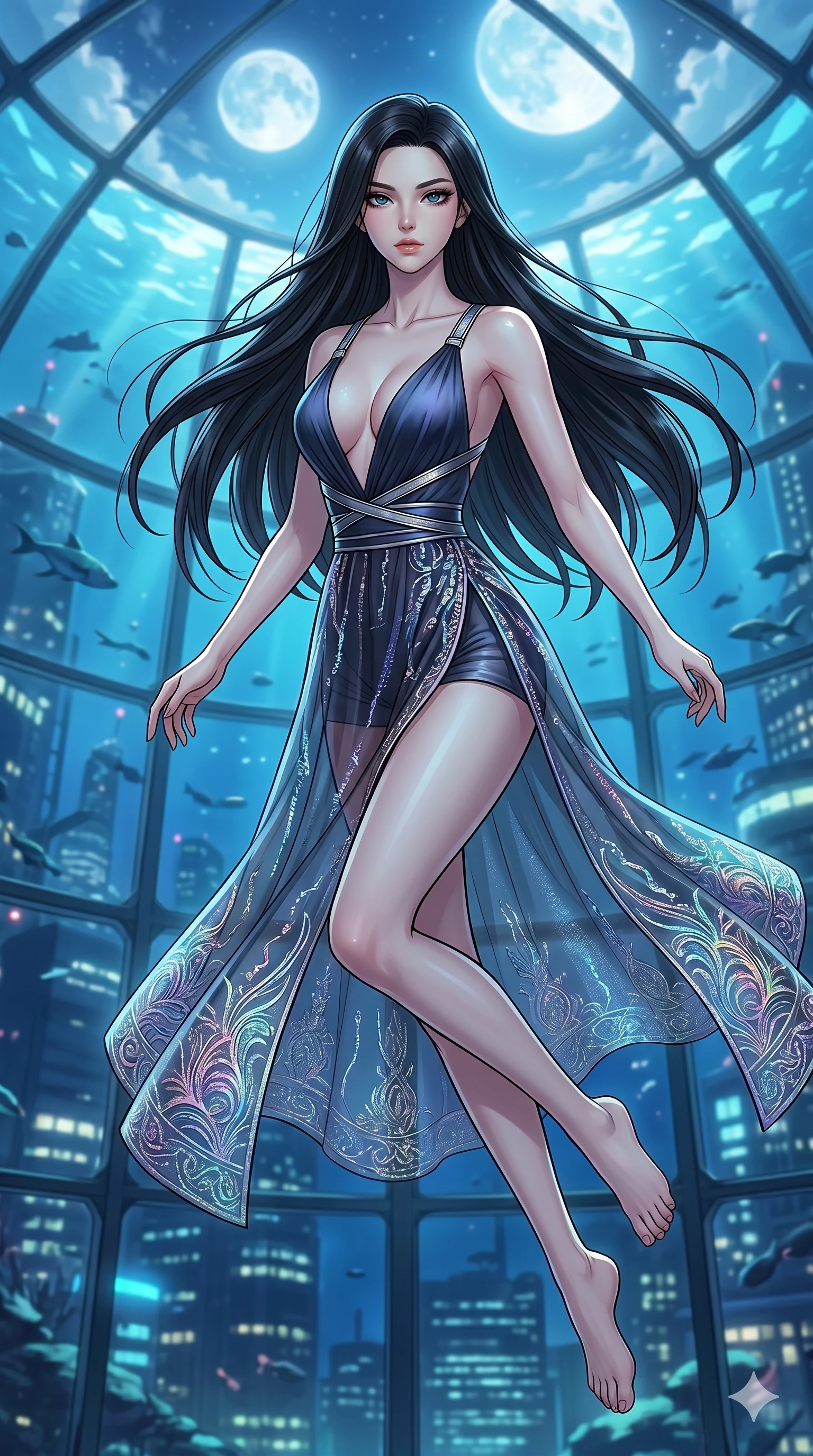 score_9, masterpiece, best quality, ultra-detailed, high-budget anime movie keyframe, cinematic anime lighting, intricate line art, Japanese woman. Upper body filling screen focusing on her alluring features and slim-fit silhouette. leaping gracefully in a underwater city dome under a twin-moon sky. She has an absolutely perfect 8-heads proportion, an exceptionally tall and slender female figure with an ultra-slim waist and impossibly long slender legs. sharp v-shaped jawline, high-bridge nose, intricate jewel-like eyes, thick eyelashes, glossy lips. Wearing modernized deep-plunging silk hanbok-fusion with metallic straps, a high-slit sheer skirt over micro-shorts, and holographic embroidered patterns. The scene is illuminated by dramatic atmospheric lighting and vibrant color palettes. , 2k, ultra detail, master piece, 9:16 ratio