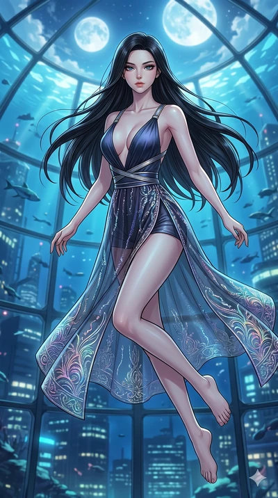 score_9, masterpiece, best quality, ultra-detailed, high-budget anime movie keyframe, cinematic anime lighting, intricate line art, Japanese woman. Upper body filling screen focusing on her alluring features and slim-fit silhouette. leaping gracefull