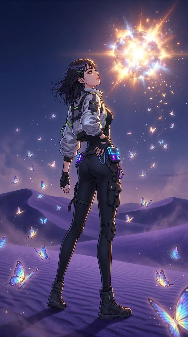 score_9, masterpiece, best quality, ultra-detailed, high-budget anime movie keyframe, cinematic anime lighting, intricate line art, Korean woman. Dynamic full-body shot stretching the vertical silhouette across the 9:16 frame. observing a supernova in a desert of purple sands surrounded by glowing butterflies. She has an absolutely perfect 8-heads proportion, an exceptionally tall and slender female figure with an ultra-slim waist and impossibly long slender legs. sharp v-shaped jawline, high-bridge nose, intricate jewel-like eyes, thick eyelashes, glossy lips. Wearing modern urban tech-wear ensemble with a cropped reflective bomber jacket, ultra-slim high-waisted cargo leggings, and tactical harness with neon-lit pouches. The scene is illuminated by dramatic atmospheric lighting and vibrant color palettes. , 2k, ultra detail, master piece, 9:16 ratio