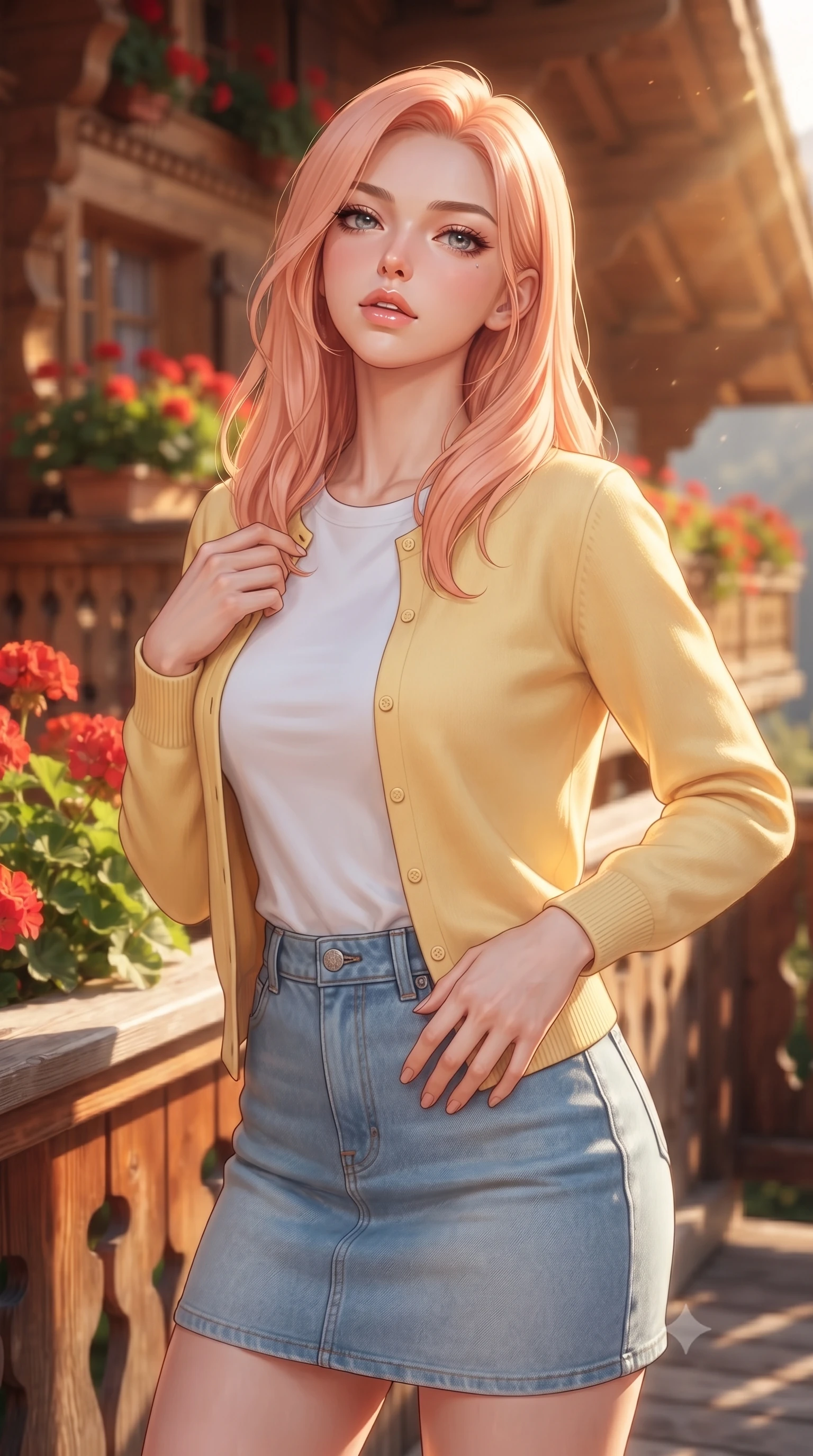 score_9, masterpiece, best quality, ultra-detailed, high-budget anime keyframe, editorial fashion photography, tasteful artistic composition, Japanese woman woman. close-up cowboy shot from the waist and thighs up, the character dominates the composition, filling the frame with her large presence, background elements kept in soft focus. tilting her chin up slightly with lips parted in a composed, provocative expression the background shows a soft-focus a wooden balcony of a Swiss chalet decorated with red geraniums. She has an exceptionally elegant, slender, and willowy female figure with an ultra-slim waist, a gracefully sculpted slender torso, and a refined silhouette. sharp v-shaped jawline, high-bridge nose, intricate jewel-like eyes with depth, thick eyelashes, glossy lips with a natural sheen. wearing a tailored soft yellow cardigan over a white t-shirt and light blue denim skirt. warm afternoon sunbeams coloring the wooden beams and flowers in vivid tones. ultra-reflective glossy finish, specular highlights, metallic sheen, high-contrast stereoscopic depth, volumetric dynamic lighting, 2k, ultra detail, master piece, 9:16 ratio