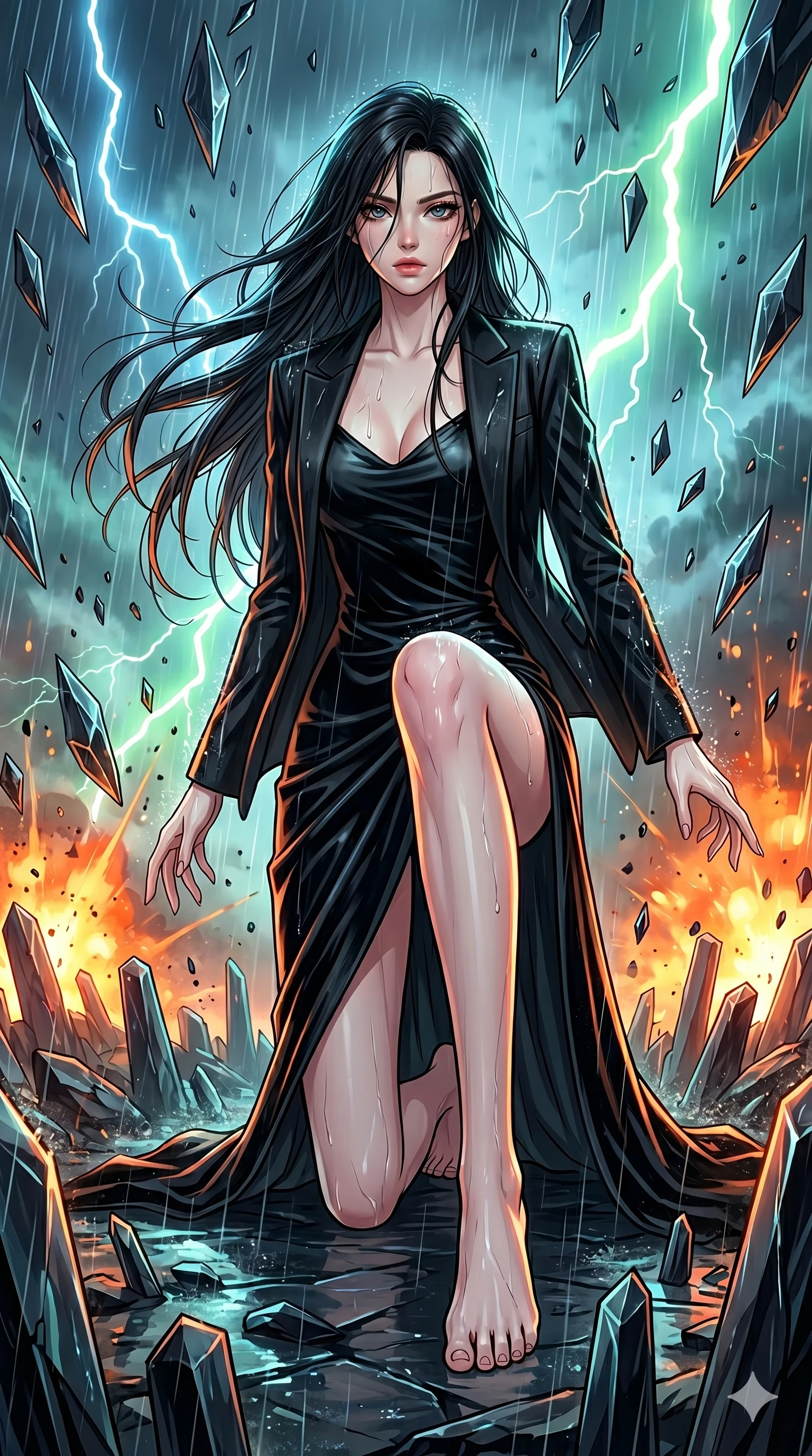 score_9, masterpiece, best quality, ultra-detailed, high-budget anime movie keyframe, cinematic anime lighting, intricate line art, Korean anime girl. Dynamic full-body shot stretching the vertical silhouette with extreme perspective. kneeling in a rain of obsidian shards as she makes a final stand. She has an absolutely perfect 8-heads proportion, an exceptionally tall and slender female figure with an ultra-slim waist and impossibly long slender legs. strictly human anatomy, two legs only, no extra limbs, clearly defined legs and arms, perfect anatomy, perfect hands and fingers. sharp v-shaped jawline, high-bridge nose, intricate jewel-like eyes, thick eyelashes, glossy lips. Wearing High-Fashion Editorial: Silk slip dress with high side slit, backless velvet gown, and structured blazer with nothing underneath. The scene is illuminated by dramatic atmospheric lighting and vibrant color palettes. , 2k, ultra detail, master piece, 9:16 ratio