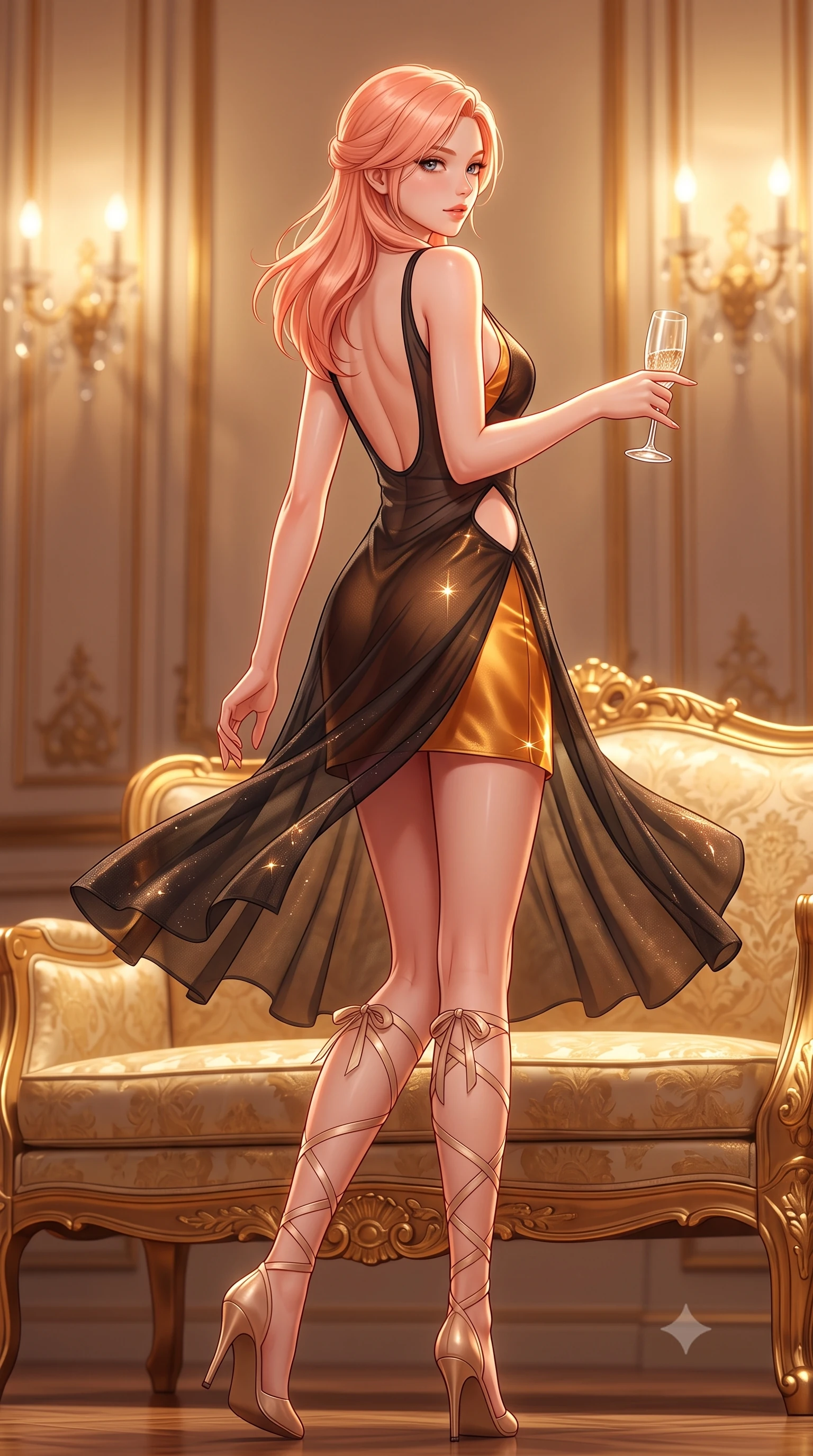 score_9, masterpiece, best quality, ultra-detailed, high-budget anime keyframe, semi-realistic 3D game render, editorial fashion photography, tasteful artistic composition, Japanese woman. low angle full-body shot from head to toe showing her feet, filling the entire 9:16 vertical frame with her statuesque presence, stretching her vertical silhouette. executing a slow, graceful pivot turn as her skirt sways around her slender legs, glancing back with an enchanting, teasing sensual expression while lounging gracefully across a gilded settee with legs crossed, holding a crystal glass with sovereign Parisian poise. The background shows a soft-focus crystal wall sconces softened in opulent Belle Époque shallow focus. She has an absolutely perfect, statuesque 8.5-heads proportion, an exceptionally tall and slender model-like female figure with impossibly long slender legs, an ultra-slim waist, a flat toned midriff, narrow delicate ribcage, and beautifully sculpted feminine hips creating a graceful, slim hourglass silhouette without any bulky heaviness. sharp v-shaped jawline, high-bridge nose, sparkling eyes with hypnotic seductive depth, thick curled eyelashes, glossy parted lips with a natural dewy peach sheen, alluring bedroom-eyes with an enchanting coquettish smile, exuding magnetic siren charisma and sophisticated glamour, flawlessly proportioned anatomical accuracy, strict slender model proportions, natural body alignment, perfectly sculpted long slender limbs, ultra-slim waistline, clean dynamic posture without body distortion. wearing a sheer black tactical gauze slip dress worn over a liquid satin undergarment, hugging her flat midriff and hips in warm amber honey and antique gold leaf, woven from stretch metallic lurex jersey casting radiant starlight glints across her silhouette, finished with delicate satin ballet ribbon ties criss-crossing up her slender calves to the knee, the precision-cut side openings and low-back scoop framing her graceful spine and the sensual sweep of her slim, toned hips. bathed in warm 2800K gilded sconce radiance reflecting off gold leaf and mosaic glass. highly saturated vibrant anime colors, detailed shading with soft gradients, rich glossy textures, high-contrast stereoscopic depth, volumetric dynamic lighting, master piece, 9:16 ratio
