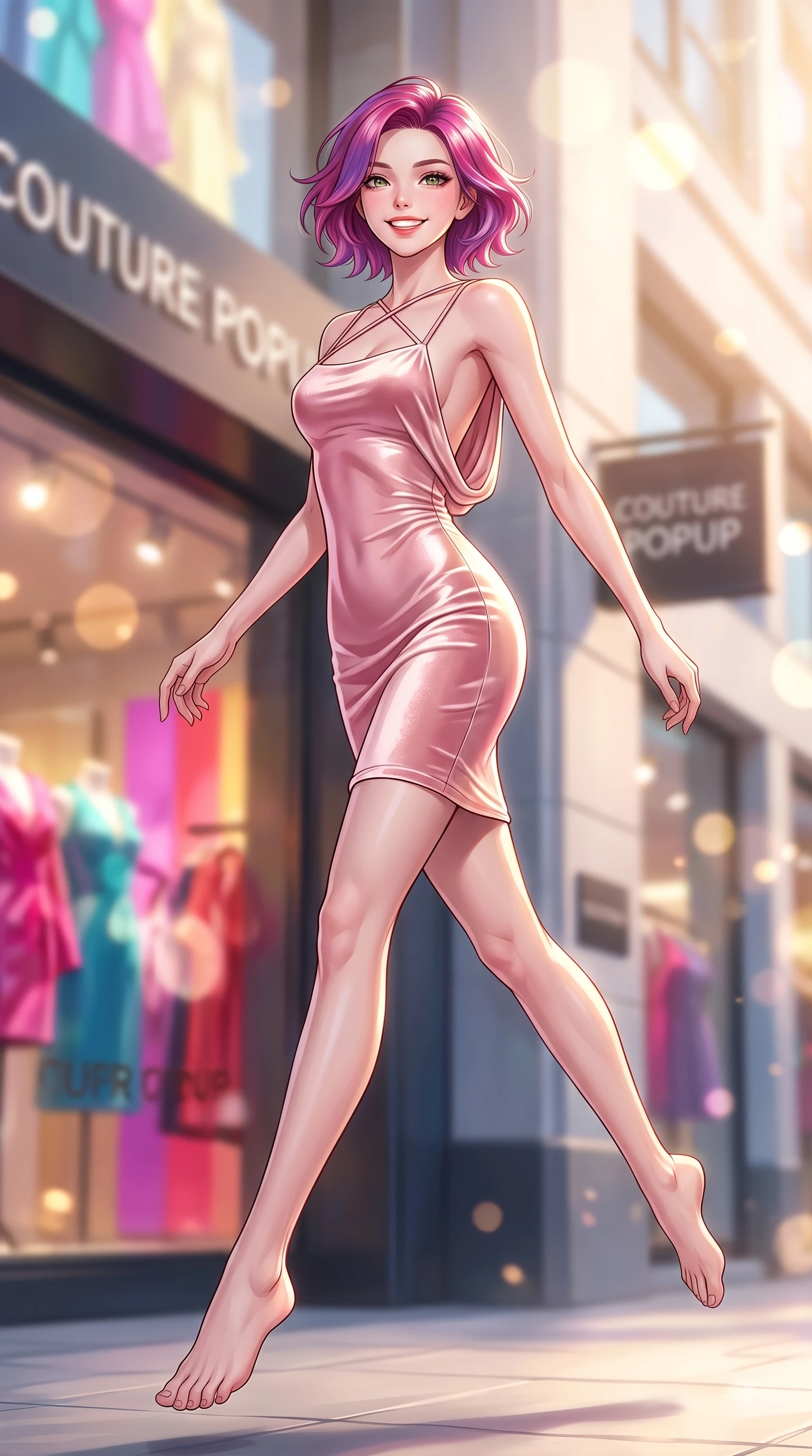 score_9, masterpiece, best quality, ultra-detailed, high-budget anime keyframe, editorial fashion photography, tasteful artistic composition, Caucasian woman. low angle full-body shot from head to toe showing her feet, filling the entire 9:16 vertical frame with her statuesque presence, stretching her vertical silhouette. leaping with pure youthful energy through the scene with a radiant bright smile, her long slender legs balanced gracefully while pivoting gracefully outside a luxury fashion popup store with a captivating bright smile. The composition keeps background elements in soft focus with dreamy bokeh. vibrant shop displays and golden afternoon light scattering into a soft-focus backdrop. She has an absolutely perfect, statuesque 8.5-heads proportion, an exceptionally tall and slender model-like female figure with impossibly long slender legs and an ultra-slim waist. sharp v-shaped jawline, high-bridge nose, intricate jewel-like eyes with depth, thick eyelashes, glossy lips with a natural sheen, flawlessly proportioned anatomical accuracy, natural body alignment, perfectly sculpted elegant limbs, clean dynamic posture without body distortion. wearing a precision-fitted bodycon dress with a graceful open draped back in bright cherry blossom pink and champagne, made of lustrous stretch velvet, finished with delicate criss-cross back straps highlighting her bare shoulders, the tailored fabric tightly following every curve of her athletic build. surrounded by a lively, stylish, and fresh city atmosphere. highly saturated vibrant anime colors, detailed shading with soft gradients, rich glossy textures, high-contrast stereoscopic depth, volumetric dynamic lighting, master piece, 9:16 ratio