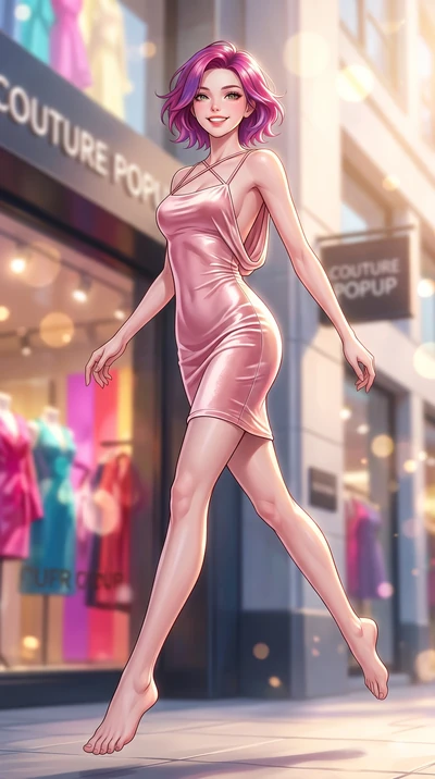 score_9, masterpiece, best quality, ultra-detailed, high-budget anime keyframe, editorial fashion photography, tasteful artistic composition, Caucasian woman. low angle full-body shot from head to toe showing her feet, filling the entire 9:16 vertica