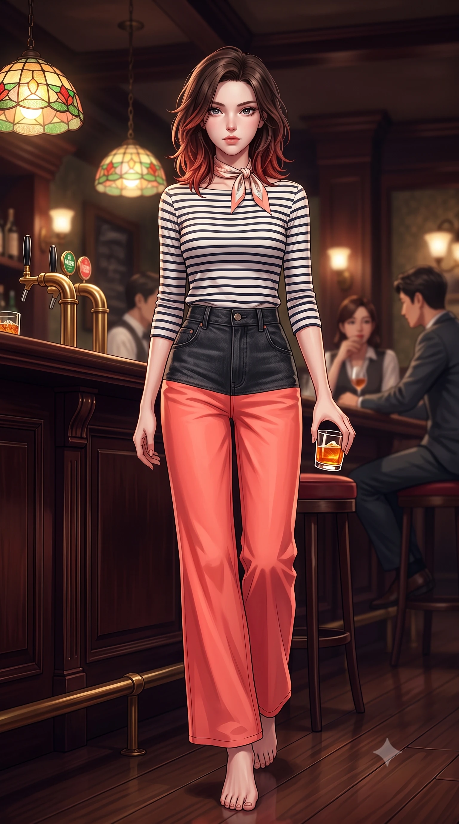 score_9, masterpiece, best quality, ultra-detailed, high-budget anime keyframe, semi-realistic 3D game render, editorial fashion photography, tasteful artistic composition, Korean woman. low angle full-body shot from head to toe showing her feet, filling the entire 9:16 vertical frame with her statuesque presence, stretching her vertical silhouette. striding forward in a proud, dynamic supermodel runway stride, her statuesque vertical silhouette commanding the entire frame while sitting at the dark mahogany bar counter of an intimate jazz lounge, holding an amber drink with relaxed, classy elegance. The composition keeps background elements in soft focus with creamy bokeh. stained glass pendant lamps and brass bar taps softened in cozy analog depth of field. She has an absolutely perfect, statuesque 8.5-heads proportion, an exceptionally tall and slender model-like female figure with impossibly long slender legs, a toned flat midriff, and an ultra-slim waist. sharp v-shaped jawline, high-bridge nose, intricate jewel-like eyes with depth, thick eyelashes, glossy lips with a natural sheen, captivating and magnetic expression, flawlessly proportioned anatomical accuracy, strict slender model proportions, natural body alignment, perfectly sculpted long slender limbs, ultra-slim waistline, clean dynamic posture without body distortion. wearing a chic French-girl style boatneck Breton striped top paired with high-rise wide-leg sailor trousers in retro neon coral and washed black denim, made of premium heavyweight washed denim and breathable cotton poplin, complemented by a delicate silk scarf tied playfully around her neck, the breezy yet form-flattering drape swaying gracefully with her steps, accentuating her long willowy limbs and slim waistline. surrounded by a classy, soulful, and deeply romantic retro audiophile sweetheart aura. highly saturated vibrant anime colors, detailed shading with soft gradients, rich glossy textures, high-contrast stereoscopic depth, volumetric dynamic lighting, master piece, 9:16 ratio