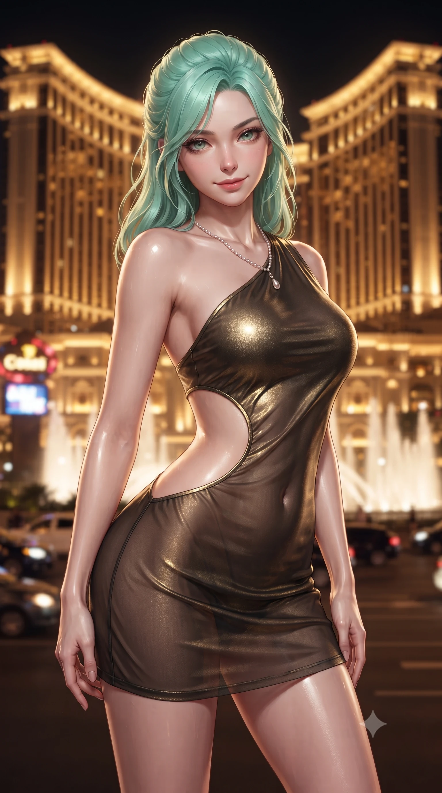 score_9, masterpiece, best quality, ultra-detailed, high-budget anime keyframe, editorial fashion photography, tasteful artistic composition, Japanese woman. close-up cowboy shot from the waist and thighs up, the character dominates the composition, filling the frame with her large presence. tilting her head with a teasing half-smile, running one hand slowly down the side of her hip in a flirtatious S-curve as ambient light caresses her silhouette while twisting her slender torso in an alluring S-curve, turquoise pool caustics and golden neon city reflections dancing across her curves. The background shows a soft-focus the colossal illuminated golden facades of Cotai Strip casino palaces, moving traffic, and fountains blurred into champagne, ruby, and amber bokeh. She has an exceptionally elegant, slender, and willowy female figure with an ultra-slim waist, flat toned midriff, narrow ribcage, and sculpted feminine hips creating an alluring, slim hourglass silhouette without bulk. sharp v-shaped jawline, high-bridge nose, sparkling eyes with hypnotic seductive depth, thick curled eyelashes, glossy parted lips with a natural dewy peach sheen, alluring bedroom-eyes with an enchanting coquettish smile, exuding magnetic siren charisma and sophisticated glamour, flawlessly proportioned anatomical accuracy, strict slender model proportions, natural body alignment, perfectly sculpted long slender limbs, ultra-slim waistline, clean dynamic posture without body distortion. wearing an asymmetric one-shoulder metallic cocktail mini dress with a dramatic side cutout hugging her waist and hips in dual-tone high-contrast gold-and-black monochrome, made of sheer gossamer chiffon that drapes softly against skin with airy translucence, finished with a pearl-drop body harness subtly framing her dewy collarbones and spine, the precision-cut side openings and low-back scoop framing her graceful spine and the sensual sweep of her slim, toned hips. illuminated by city neon reflection bounce and sharp platinum-gold rim lights defining her delicate clavicles, narrow waist, and curvy hips. ultra-reflective glossy finish, specular highlights, rich textural contrasts, high-contrast stereoscopic depth, volumetric dynamic lighting, 2k, ultra detail, master piece, 9:16 ratio