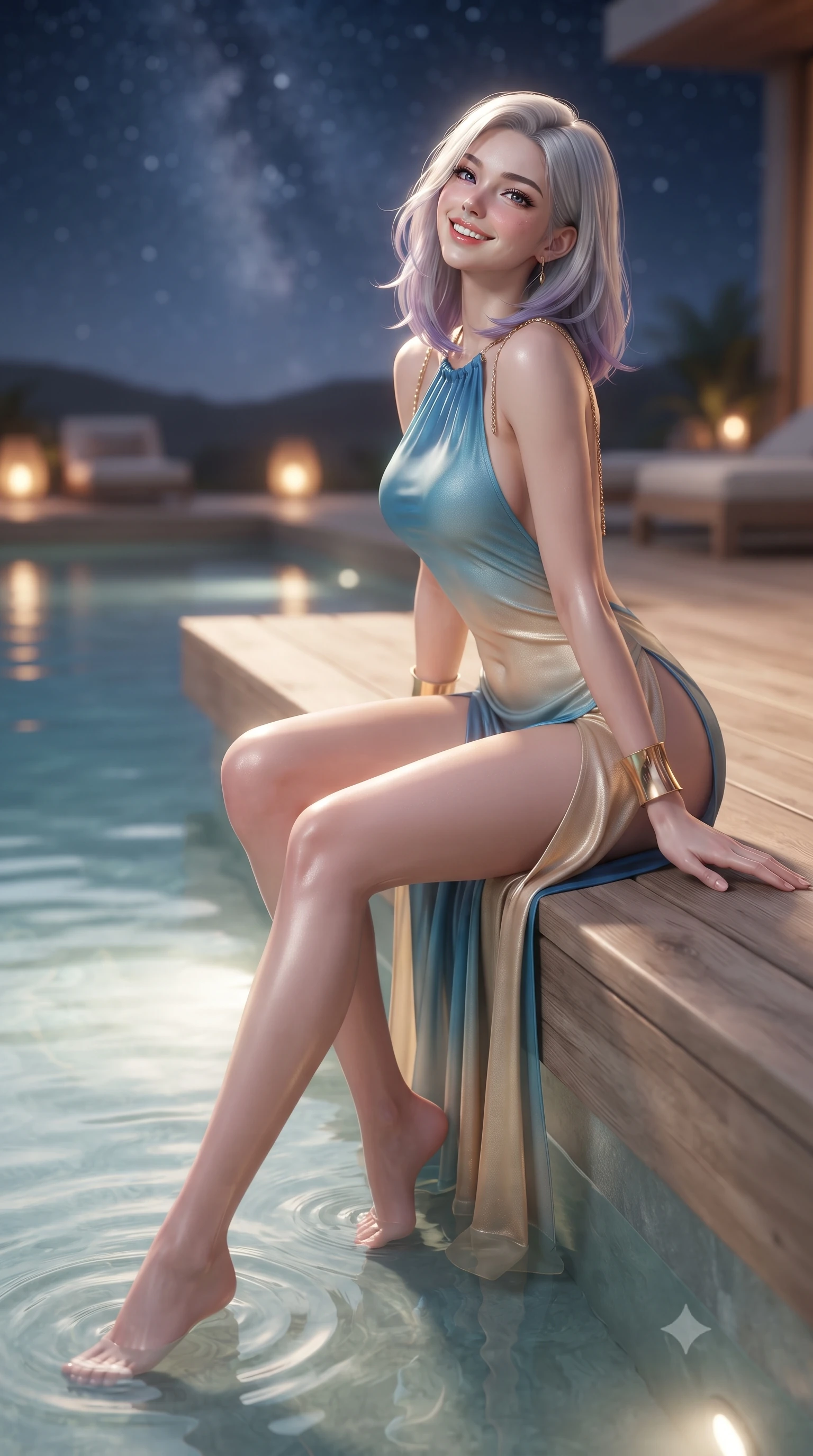 score_9, masterpiece, best quality, ultra-detailed, high-budget anime keyframe, editorial fashion photography, tasteful artistic composition, Caucasian woman. low angle full-body shot from head to toe showing her feet, filling the entire 9:16 vertical frame with her statuesque presence, stretching her vertical silhouette. sitting poised on the stone steps with one knee bent, arching her spine with supermodel elegance as she glances upward through thick eyelashes while sitting perched on the wooden pool deck with legs dipped in water, flashing a radiant, alluring smile toward the lens. The background shows a soft-focus subtle water surface ripples softened in tranquil celestial sanctuary shallow focus. She has an exceptionally tall and slender model-like 8.5-heads proportion, an ultra-slim waist, a flat toned midriff, narrow delicate ribcage, and beautifully sculpted feminine hips creating a graceful, slim hourglass silhouette without any bulky heaviness, with impossibly long slender legs. sharp v-shaped jawline, high-bridge nose, intricate jewel-like sparkling eyes with depth, thick eyelashes, glossy parted lips with a natural peach sheen, bright cheerful beaming smile with an enchanting and coquettish sensual glint, exuding both youthful cute charm and seductive allure, flawlessly proportioned anatomical accuracy, strict slender model proportions, natural body alignment, perfectly sculpted long slender limbs, ultra-slim waistline, clean dynamic posture without body distortion. wearing a backless liquid silk halterneck column gown with daring hip-high double slits and thin gold chain shoulder ties in Monaco Mediterranean azure blue and champagne gold, made of semi-opaque stretch illusion mesh with soft shadowy contours along her waist, accented with delicate golden wrist cuffs reflecting warm chandelier light, the form-contouring silhouette accentuating her sculpted flat midriff, narrow delicate ribcage, and gracefully curvy hips with intoxicating allure. bathed in the pure, ethereal silver starlight of the desert mixed with soft underwater warm pool LEDs. ultra-reflective glossy finish, specular highlights, rich textural contrasts, high-contrast stereoscopic depth, volumetric dynamic lighting, 2k, ultra detail, master piece, 9:16 ratio