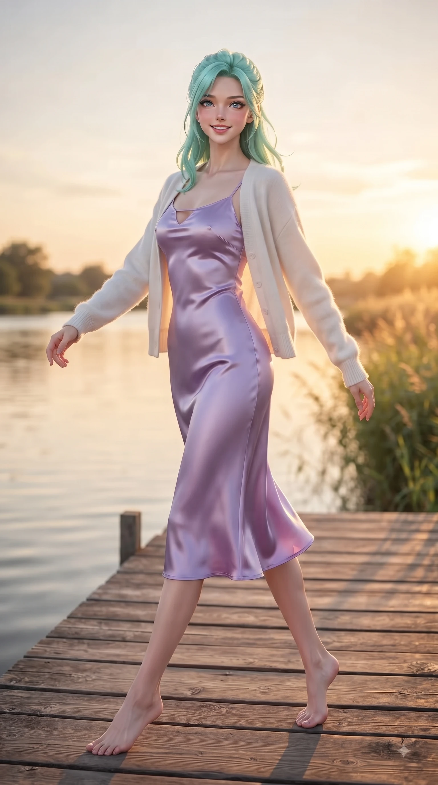 score_9, masterpiece, best quality, ultra-detailed, high-budget anime keyframe, editorial fashion photography, tasteful artistic composition, Japanese woman. low angle full-body shot from head to toe showing her feet, filling the entire 9:16 vertical frame with her statuesque presence, stretching her vertical silhouette. pivoting dynamically with a fresh infectious smile, her ultra-slim waist creating a sweeping fluid curve while pivoting in a happy stride along a wooden pier overlooking calm river waters. The composition keeps background elements in soft focus with dreamy bokeh. swaying park grasses and sunset sky gradients softened in dreamy background focus. She has an absolutely perfect, statuesque 8.5-heads proportion, an exceptionally tall and slender model-like female figure with impossibly long slender legs and an ultra-slim waist. sharp v-shaped jawline, high-bridge nose, intricate jewel-like eyes with depth, thick eyelashes, glossy lips with a natural sheen, flawlessly proportioned anatomical accuracy, natural body alignment, perfectly sculpted elegant limbs, clean dynamic posture without body distortion. wearing a glossy satin slip dress layered under a soft cashmere cardigan in soft lavender violet and pearl white, tailored from fine wool crepe with clean lines, accented with a Tasteful chest slit framing her clavicle gracefully, the sleek second-skin texture accentuating her magnetic presence. bathed in glorious golden hour sunset sunbeams and warm amber sky radiance. ultra-reflective glossy finish, specular highlights, metallic sheen, high-contrast stereoscopic depth, volumetric dynamic lighting, 2k, ultra detail, master piece, 9:16 ratio