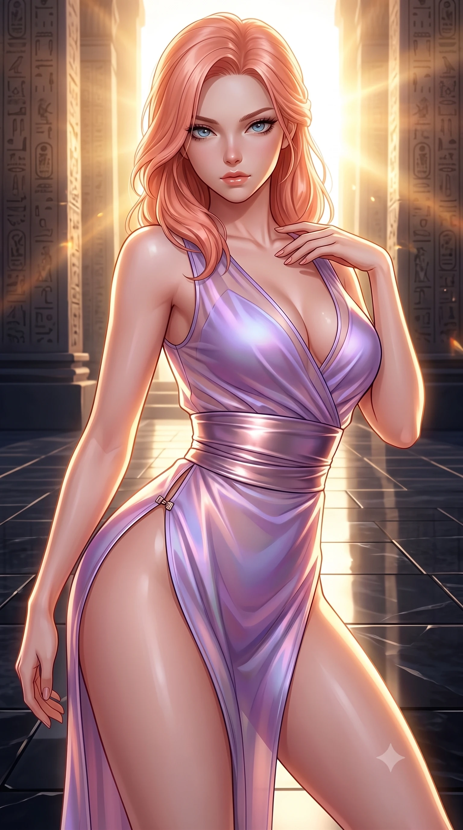 score_9, masterpiece, best quality, ultra-detailed, high-budget anime keyframe, semi-realistic 3D game render, editorial fashion photography, tasteful artistic composition, Japanese woman. close-up cowboy shot from the waist and thighs up, the character dominates the composition, filling the frame with her large presence. leaning forward with a dangerous, enticing smolder, resting one hand near her collarbone while casting a fiery, magnetic direct gaze while pivoting dynamically on a polished obsidian plaza as the glowing solar corona casts dramatic golden rim light across her torso. The surrounding environment is rendered in vivid detail and crisp panoramic clarity. sharp obsidian stone facet reflections, glowing solar corona flares, and detailed temple hieroglyphs in deep focus. She has an exceptionally elegant, slender, and willowy female figure with an ultra-slim waist, a gracefully sculpted slender torso, toned flat midriff, and a refined slim silhouette. sharp v-shaped jawline, high-bridge nose, intricate jewel-like eyes with depth, thick eyelashes, glossy lips with a natural sheen, flawlessly proportioned anatomical accuracy, strict slender model proportions, natural body alignment, perfectly sculpted long slender limbs, ultra-slim waistline, clean dynamic posture without body distortion. wearing a shortened cyber-fusion wrap top with transparent chiffon panels, a deep crossover neckline, and a high-waisted metallic sash that accentuates her ultra-slim waist in luminous lavender violet and rose gold, made of smooth iridescent silk chiffon that shifts colors with movement, finished with an ultra-high side slit secured by miniature magnetic clasps, the sleek second-skin cut tightly hugging her graceful clavicle, narrow waist, and feminine curves with athletic precision. bathed in blazing golden-white solar corona backlighting with deep obsidian shadow contrast. highly saturated vibrant anime colors, detailed shading with soft gradients, rich glossy textures, high-contrast stereoscopic depth, volumetric dynamic lighting, master piece, 9:16 ratio