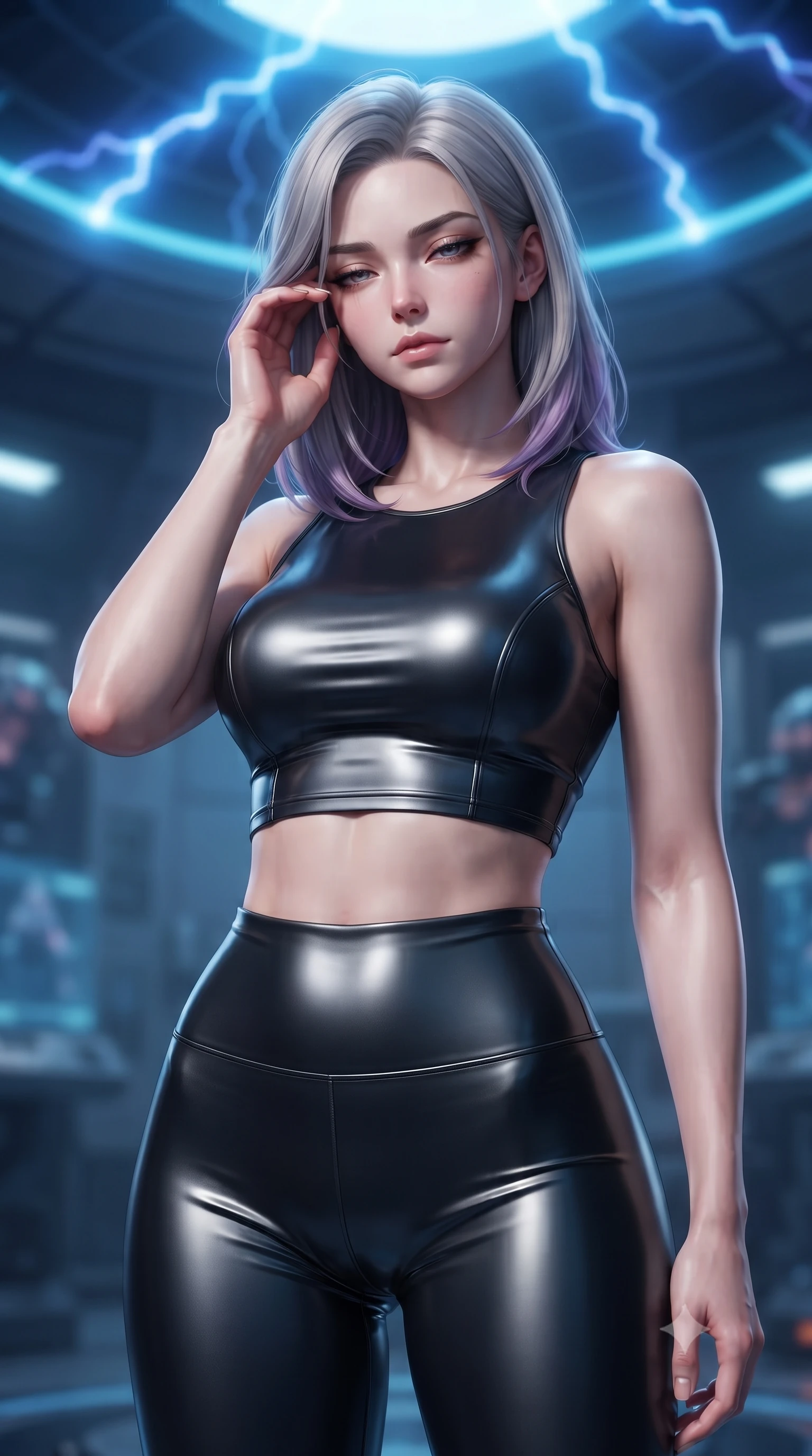 score_9, masterpiece, best quality, ultra-detailed, high-budget anime keyframe, editorial fashion photography, tasteful artistic composition, Caucasian woman. close-up cowboy shot from the waist and thighs up, the character dominates the composition, filling the frame with her large presence, background elements kept in soft focus. gently touching the side of her temple, casting a heavy-lidded, sultry look past the camera, the background shows a soft-focus a cybernetic combat dome with electric blue plasma arcs dancing on the ceiling. She has an exceptionally elegant, slender, and willowy female figure with an ultra-slim waist, a gracefully sculpted slender torso, and a refined silhouette. sharp v-shaped jawline, high-bridge nose, intricate jewel-like eyes with depth, thick eyelashes, glossy lips with a natural sheen. wearing a body-hugging form-fitting athletic crop top and matching high-waisted compression leggings in sleek carbon-black tech fabric. pulsing electric blue plasma arc lighting casting dynamic highlights from above. ultra-reflective glossy finish, specular highlights, metallic sheen, high-contrast stereoscopic depth, volumetric dynamic lighting, 2k, ultra detail, master piece, 9:16 ratio