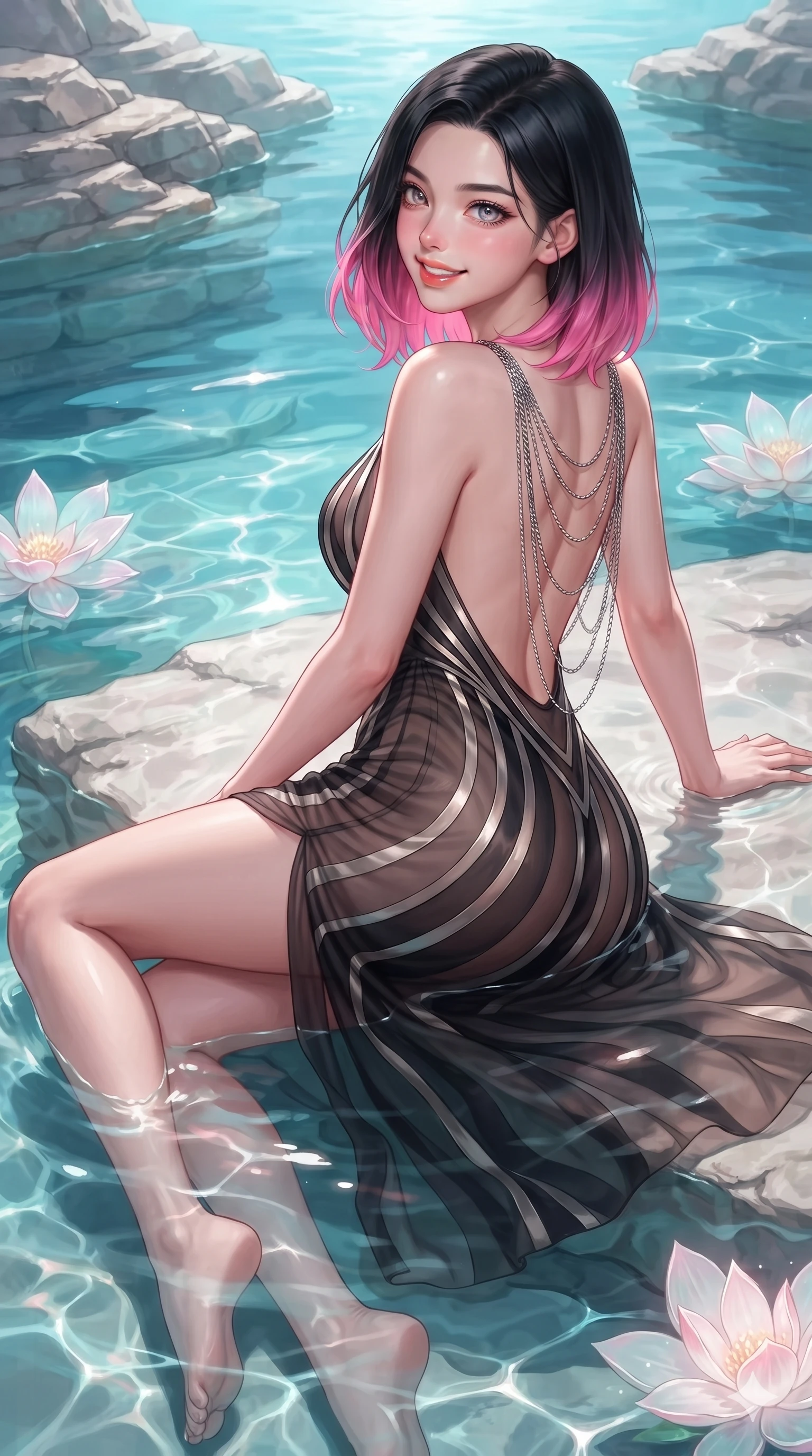 score_9, masterpiece, best quality, ultra-detailed, high-budget anime keyframe, editorial fashion photography, tasteful artistic composition, Korean woman. close-up cowboy shot from the waist and thighs up, the character dominates the composition, filling the frame with her large presence. posing in an alluring rear three-quarter angle, looking over a bare shoulder with parted glossy lips, her hips cocked back to highlight her slim hourglass curve while reclining gracefully on the submerged heated limestone shelf with legs extended, displaying her long slender limbs and statuesque hourglass silhouette against the radiant pool. The surrounding environment is rendered in vivid detail and crisp panoramic clarity: sharp limestone strata textures, delicate glowing lotus petal veins, and crystal-clear water surface ripples in deep focus. She has an exceptionally elegant, slender, and willowy female figure with an ultra-slim waist, flat toned midriff, narrow ribcage, and sculpted feminine hips creating an alluring, slim hourglass silhouette without bulk. sharp v-shaped jawline, high-bridge nose, intricate jewel-like sparkling eyes with depth, thick eyelashes, glossy parted lips with a natural peach sheen, bright cheerful beaming smile with an enchanting and coquettish sensual glint, exuding both youthful cute charm and seductive allure, flawlessly proportioned anatomical accuracy, strict slender model proportions, natural body alignment, perfectly sculpted long slender limbs, ultra-slim waistline, clean dynamic posture without body distortion. wearing a plunge-front sheer illusion tulle slip dress with liquid platinum ribbon stripes hugging her curves in deep obsidian black and liquid molten platinum, made of sheer gossamer chiffon that drapes softly against skin with airy translucence, accented with an open-back drape framed by falling strands of delicate chrome chains, the form-contouring silhouette accentuating her sculpted flat midriff, narrow delicate ribcage, and gracefully curvy hips with intoxicating allure. illuminated by water caustics bounce and sharp aquamarine-pink rim lights defining her razor-sharp jawline, narrow waist, and curvy hips. ultra-reflective glossy finish, specular highlights, rich textural contrasts, high-contrast stereoscopic depth, volumetric dynamic lighting, 2k, ultra detail, master piece, 9:16 ratio