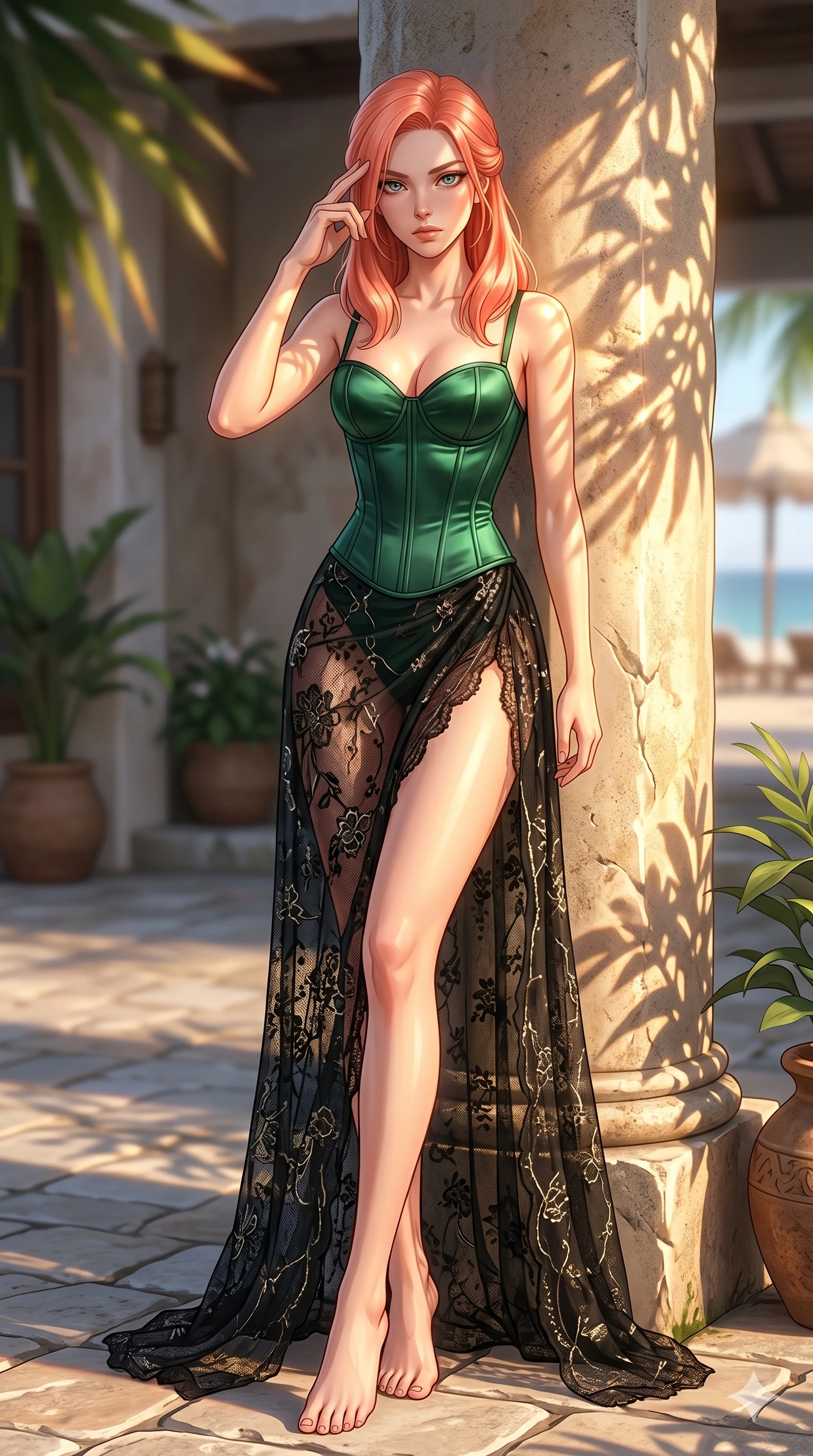 score_9, masterpiece, best quality, ultra-detailed, high-budget anime keyframe, editorial fashion photography, tasteful artistic composition, Japanese woman. cowboy shot from the thighs up, character and outfit filling the frame for maximum editorial presence. pressing two fingers to her temple, looking with quiet, sharp focus leaning against a stone pillar in a quiet courtyard of a beach retreat (Code-P19-144). She has an absolutely perfect 8-heads proportion, an exceptionally tall and slender female figure with impossibly long slender legs and an ultra-slim waist. V-shaped jawline, high-bridge nose, intricate jewel-like eyes with depth, thick eyelashes, glossy lips with a natural sheen. wearing a structured satin corset showing her cleavage, paired with a sheer lace wrap skirt. drenched in brilliant morning sunshine, casting long warm highlights and leaf patterns. 2k, ultra detail, master piece, 9:16 ratio