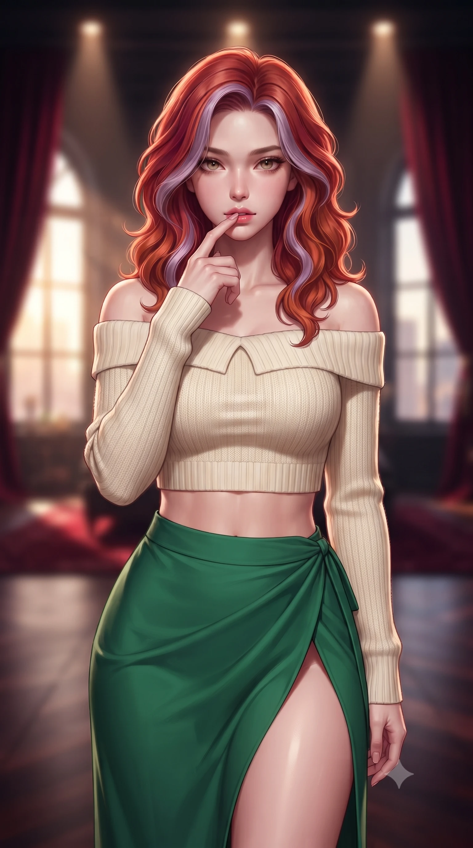 score_9, masterpiece, best quality, ultra-detailed, high-budget anime keyframe, editorial fashion photography, tasteful artistic composition, Caucasian woman. close-up cowboy shot from the waist and thighs up, the character dominates the composition, filling the frame with her large presence, background elements kept in soft focus. pressing one finger to her bottom lip in a thoughtful, seductive gesture under the warm sun the background shows a soft-focus a luxury gothic penthouse suite with crimson velvet curtains and dark mahogany floor. She has an exceptionally elegant, slender, and willowy female figure with an ultra-slim waist, a gracefully sculpted slender torso, and a refined silhouette. sharp v-shaped jawline, high-bridge nose, intricate jewel-like eyes with depth, thick eyelashes, glossy lips with a natural sheen. wearing a tailored cropped off-shoulder knit top in cream paired with a high-slit wrap skirt in emerald green. focused warm spotlights creating a premium, mysterious atmosphere. highly saturated vibrant anime colors, detailed shading with soft gradients, rich glossy textures, high-contrast stereoscopic depth, volumetric dynamic lighting, master piece, 9:16 ratio