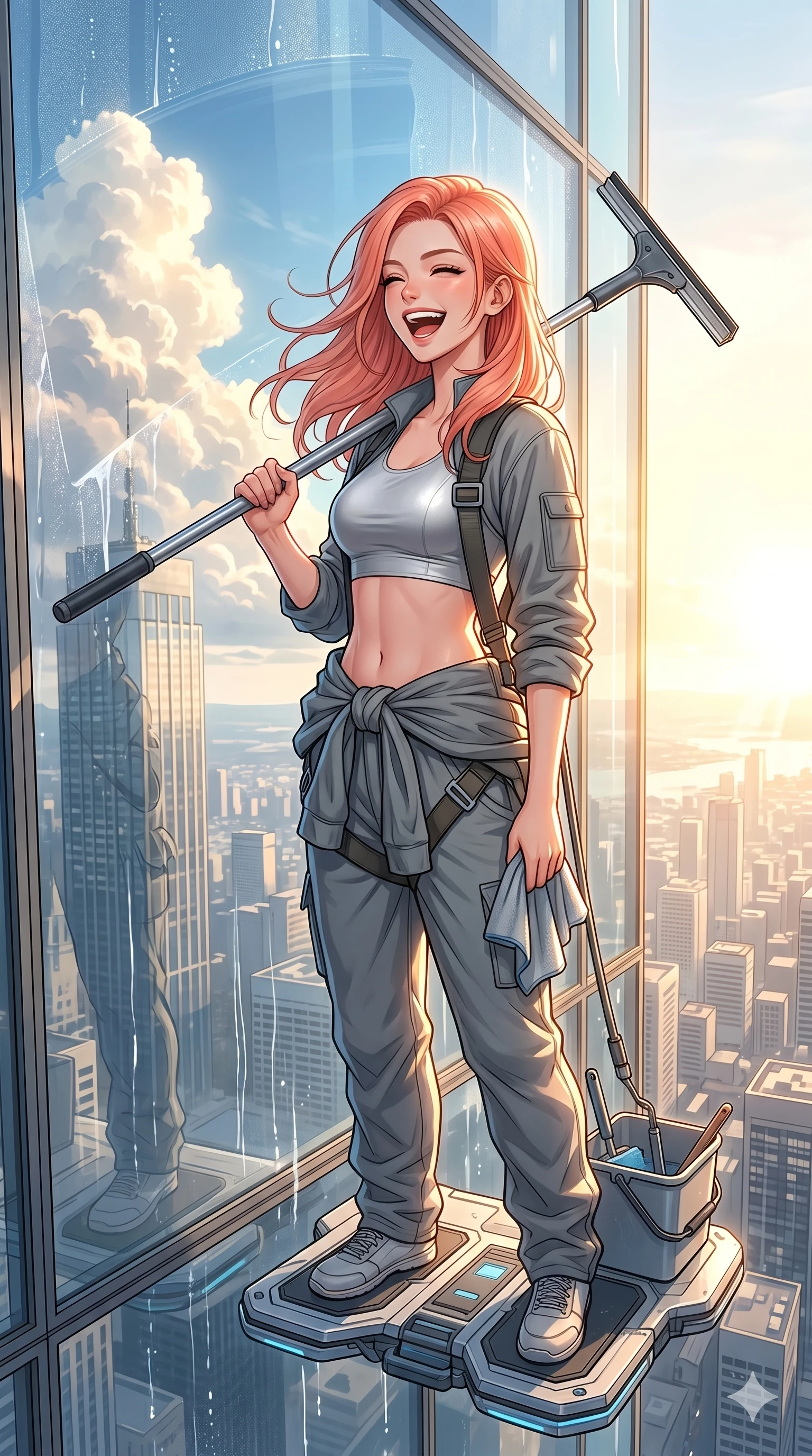 score_9, masterpiece, best quality, ultra-detailed, high-budget anime keyframe, Japanese woman. Upper body close-up from the thighs up, character filling the screen for maximum presence. Standing on a hover-platform cleaning a skyscraper window, resting the cleaning tool on her shoulder, looking back with a bright laugh. She is wearing a protective high-rise jumpsuit tied at the waist, showing a silver crop top. The scene is bathed in brilliant morning sunlight and reflecting clouds on the glass window. 2k, ultra detail, master piece, 9:16 ratio