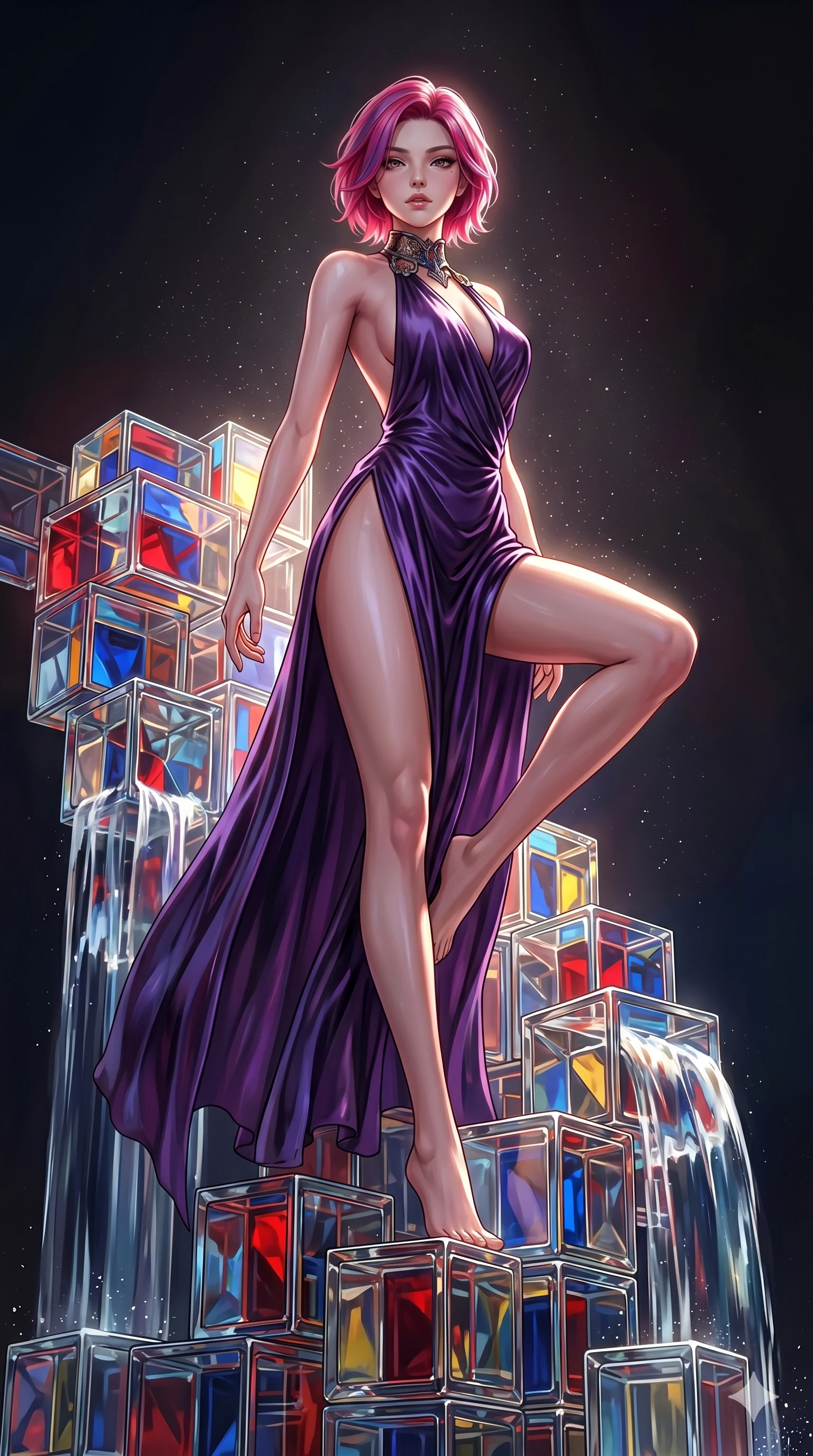 score_9, masterpiece, best quality, ultra-detailed, high-budget anime keyframe, Korean woman. low angle full-body shot filling the entire 9:16 frame with her statuesque presence, stretching the vertical silhouette. balancing on cubist glass blocks that cascade like a waterfall, reflecting complex mosaic patterns and primary colors. She has an absolutely perfect 8-heads proportion, an exceptionally tall and slender female figure with impossibly long slender legs and an ultra-slim waist. V-shaped jawline, high-bridge nose, intricate jewel-like eyes with depth, thick eyelashes, glossy lips with a natural sheen.. wearing a gothic liquid silk gown, featuring a deep purple liquid silk maxi gown draped around her, secured by a metallic choker collar, with a high side slit. illuminated by dramatic chiaroscuro casting soft shadows along her curves, with vibrant backlighting highlighting the dust particles. 2k, ultra detail, master piece, 9:16 ratio