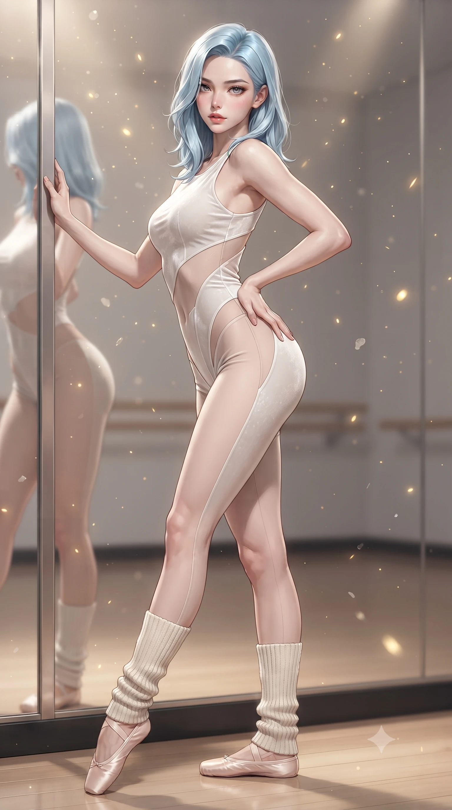 score_9, masterpiece, best quality, ultra-detailed, high-budget anime keyframe, editorial fashion photography, tasteful artistic composition, Korean woman. close-up cowboy shot from the waist and thighs up, the character dominates the composition, filling the frame with her large presence. twisting her slender torso in a deep contrapposto stance, hips dramatically shifted to accentuate her feminine curves while looking past her shoulder with smoldering bedroom-eyes while standing with her back to the floor-to-ceiling mirror, looking over her bare shoulder with hips cocked dramatically in an alluring high-fashion stance. The composition keeps background elements in soft focus with creamy bokeh. floating micro-chalk particles and spotlight beams scattering luminous golden light motes. She has an exceptionally elegant, slender, and willowy female figure with an ultra-slim waist, a gracefully sculpted slender torso, toned flat midriff, and rounded feminine hips creating an alluring hourglass silhouette. sharp v-shaped jawline, high-bridge nose, intricate jewel-like eyes with depth, thick eyelashes, glossy parted lips with a natural sheen, intensely captivating and seductive bedroom-eyes expression, flawlessly proportioned anatomical accuracy, strict slender model proportions, natural body alignment, perfectly sculpted long slender limbs, ultra-slim waistline, clean dynamic posture without body distortion. wearing a sculptured velvet dance unitard with diagonal mesh cutouts tracing her midriff and hip in pristine chalk white and pale nude, tailored from fluid modal jersey adhering seamlessly to her slender frame, accessorized with knitted leg warmers and delicate satin ballet slippers, the glove-like aerodynamic silhouette tightly following the natural contour of her hips and long slender legs with statuesque precision. surrounded by a disciplined, sensual, and exquisitely graceful haute-couture dancer aura. ultra-reflective glossy finish, specular highlights, rich textural contrasts, high-contrast stereoscopic depth, volumetric dynamic lighting, 2k, ultra detail, master piece, 9:16 ratio