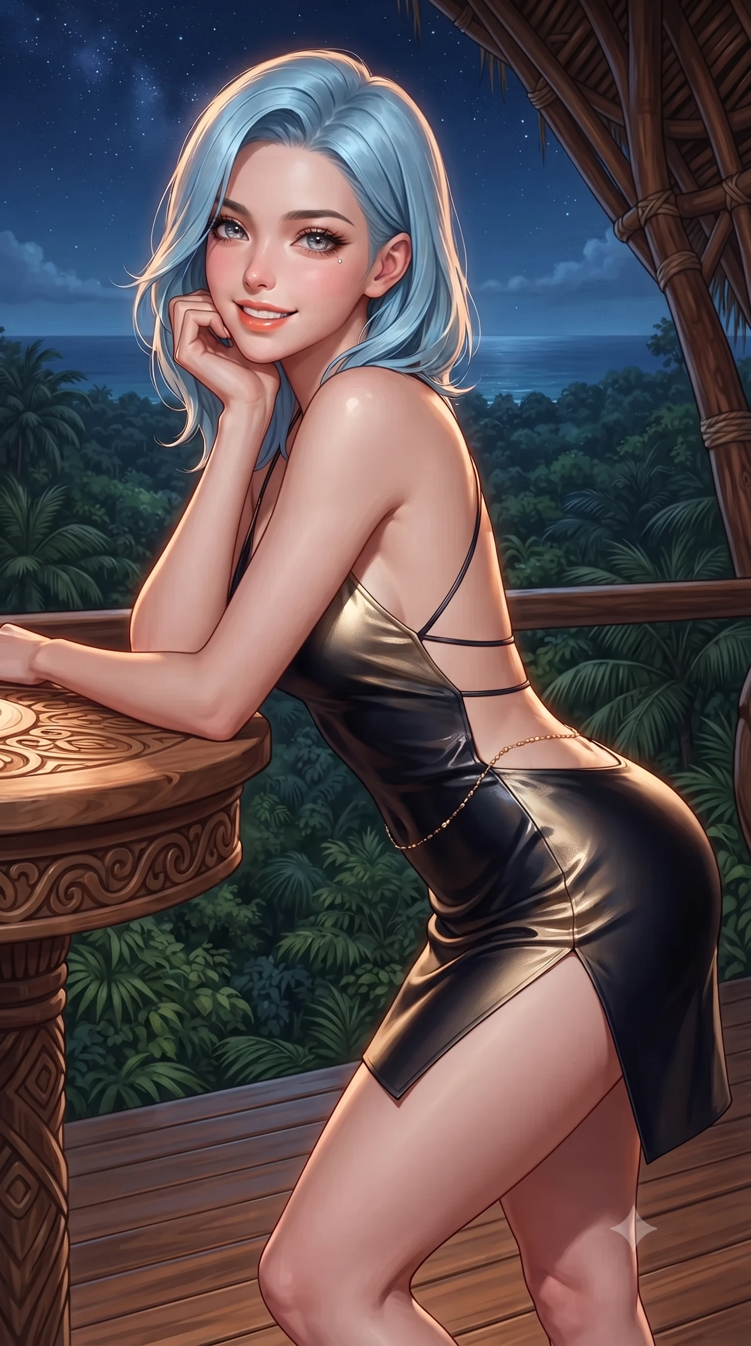 score_9, masterpiece, best quality, ultra-detailed, high-budget anime keyframe, editorial fashion photography, tasteful artistic composition, Korean woman. close-up cowboy shot from the waist and thighs up, the character dominates the composition, filling the frame with her large presence. resting one elbow on the table and supporting her chin, leaning close to the camera with heavy-lidded sparkling eyes and parted lips while standing poised on the polished zapote hardwood deck suspended 40 feet above the jungle canopy, arching her spine with effortless supermodel poise as nocturnal ocean breezes whisper. The surrounding environment is rendered in vivid detail and crisp panoramic clarity: detailed outfit texture, delicate trims, and sustainable avant-garde Tulum architecture in high resolution. She has an exceptionally elegant, slender, and willowy female figure with an ultra-slim waist, flat toned midriff, narrow ribcage, and sculpted feminine hips creating an alluring, slim hourglass silhouette without bulk. sharp v-shaped jawline, high-bridge nose, intricate jewel-like sparkling eyes with depth, thick eyelashes, glossy parted lips with a natural peach sheen, bright cheerful beaming smile with an enchanting and coquettish sensual glint, exuding both youthful cute charm and seductive allure, flawlessly proportioned anatomical accuracy, strict slender model proportions, natural body alignment, perfectly sculpted long slender limbs, ultra-slim waistline, clean dynamic posture without body distortion. wearing a backless liquid lamé mini dress with criss-cross spinal straps and daring side slit in deep midnight obsidian black and champagne gold, crafted from fluid liquid silk satin that clings smoothly to her narrow waist and rounded hips with a dewy sheen, accented with a dainty gold belly chain resting across her flat midriff and curving hips, the second-skin tailored fabric adhering flawlessly to her sculpted flat midriff and slender torso, emphasizing her long leg lines and perfectly proportioned willowy build. illuminated by wood deck reflection bounce and sharp amber-gold rim lights defining her dewy collarbones, ultra-slim waist, and curvy hips. ultra-reflective glossy finish, specular highlights, rich textural contrasts, high-contrast stereoscopic depth, volumetric dynamic lighting, 2k, ultra detail, master piece, 9:16 ratio